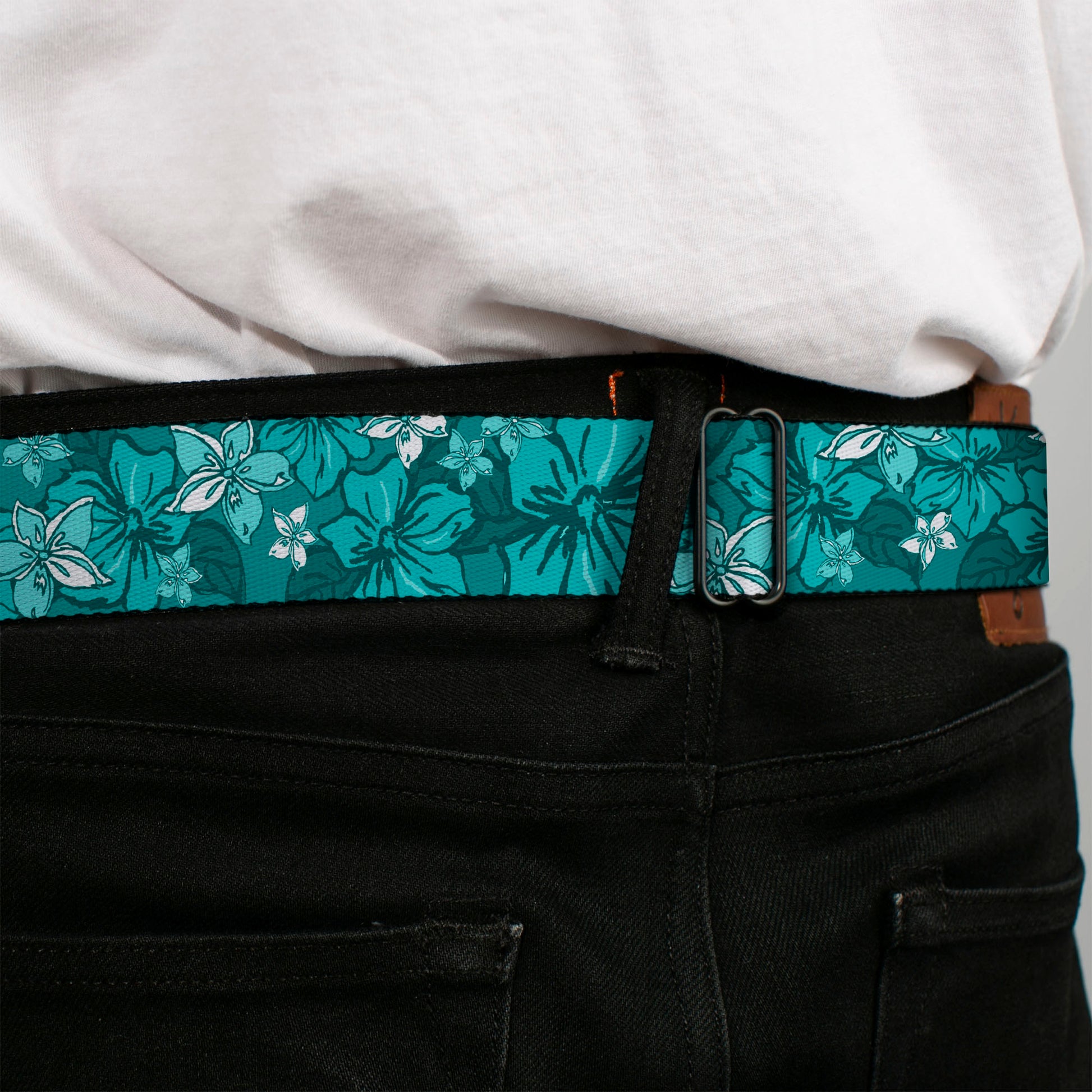 BD Wings Logo CLOSE-UP Full Color Black Silver Seatbelt Belt - Hibiscus Collage Turquoise Shades Webbing Seatbelt Belts Buckle-Down