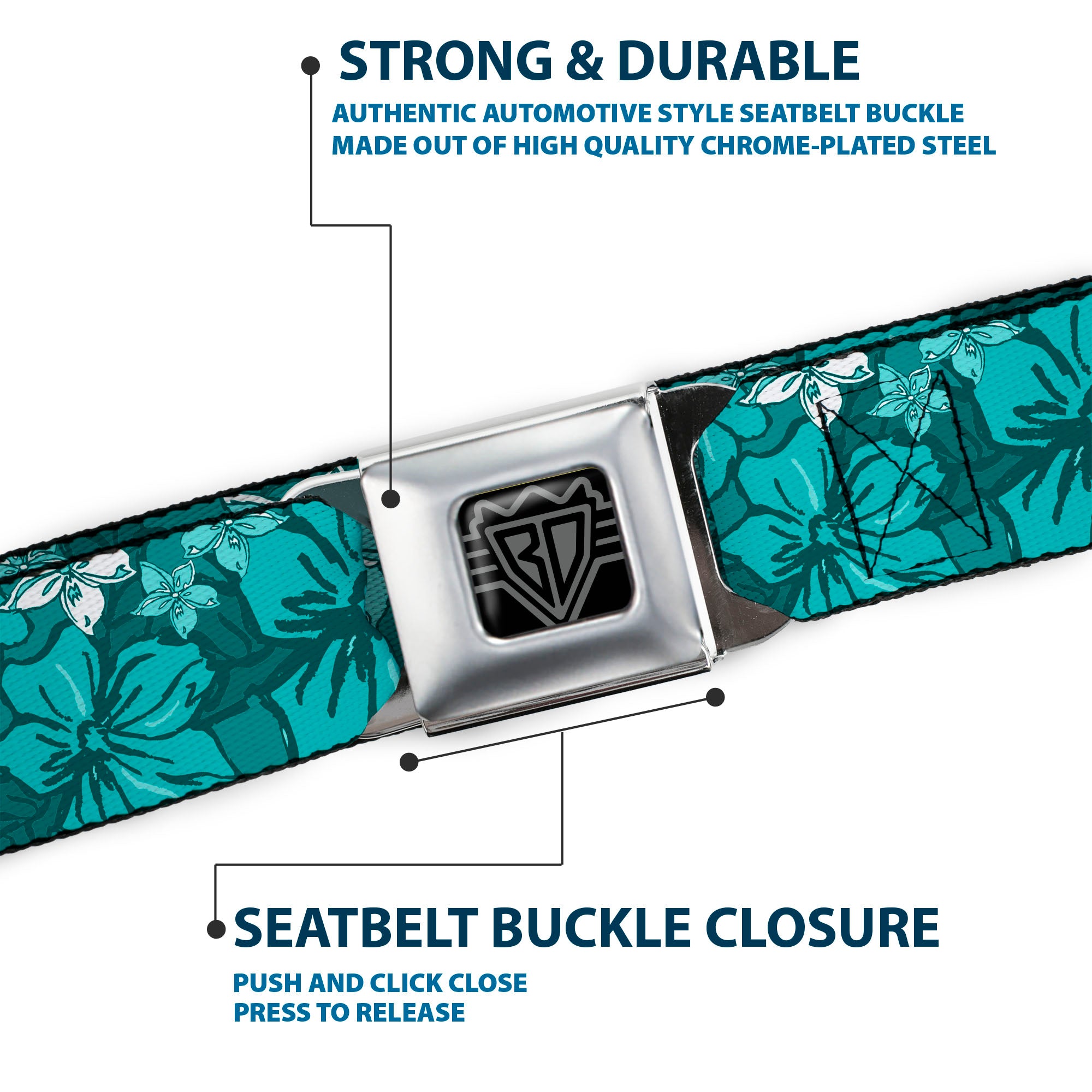 BD Wings Logo CLOSE-UP Full Color Black Silver Seatbelt Belt - Hibiscus Collage Turquoise Shades Webbing Seatbelt Belts Buckle-Down