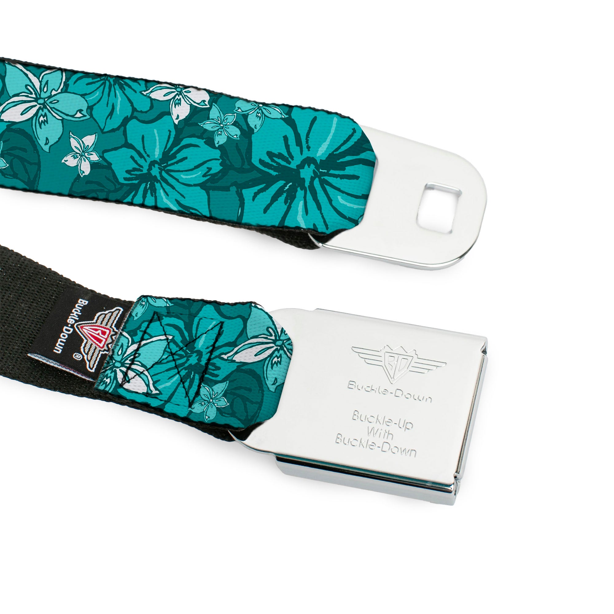 BD Wings Logo CLOSE-UP Full Color Black Silver Seatbelt Belt - Hibiscus Collage Turquoise Shades Webbing Seatbelt Belts Buckle-Down
