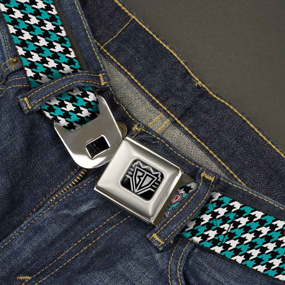 BD Wings Logo CLOSE-UP Full Color Black Silver Seatbelt Belt - Houndstooth Black/White/Turquoise Webbing Seatbelt Belts Buckle-Down