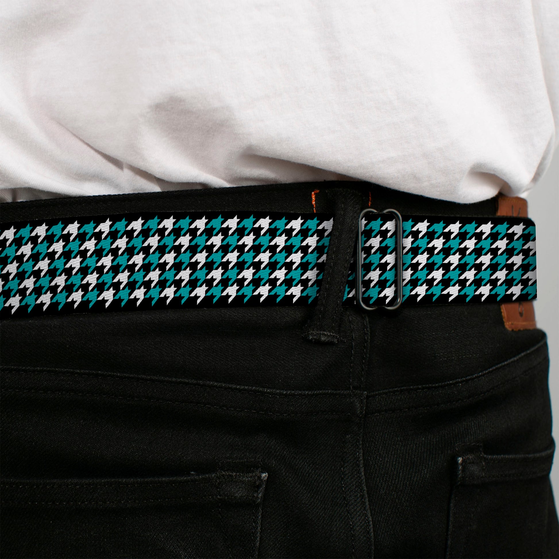 BD Wings Logo CLOSE-UP Full Color Black Silver Seatbelt Belt - Houndstooth Black/White/Turquoise Webbing Seatbelt Belts Buckle-Down