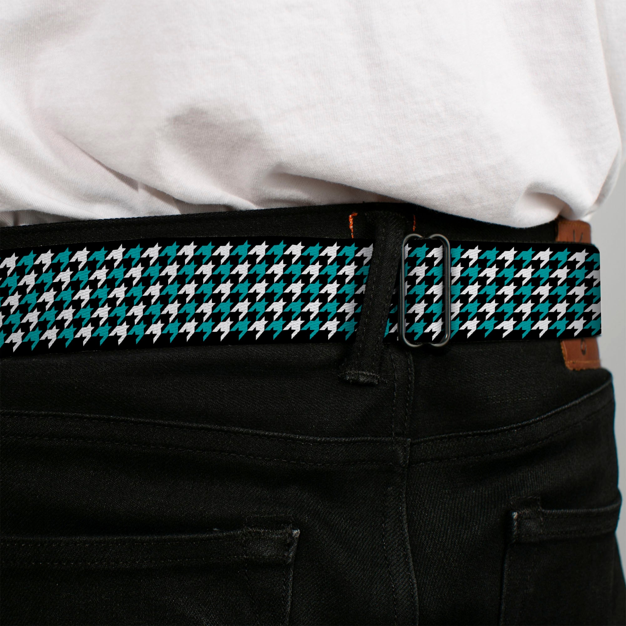 BD Wings Logo CLOSE-UP Full Color Black Silver Seatbelt Belt - Houndstooth Black/White/Turquoise Webbing Seatbelt Belts Buckle-Down