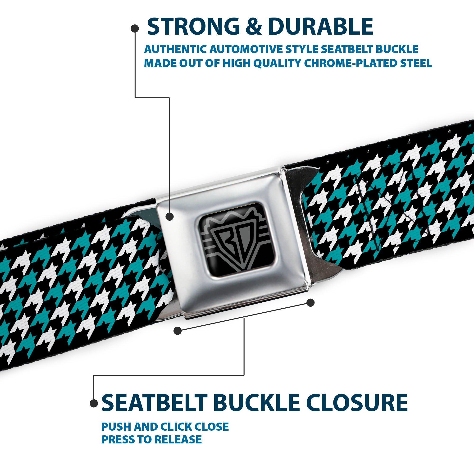 BD Wings Logo CLOSE-UP Full Color Black Silver Seatbelt Belt - Houndstooth Black/White/Turquoise Webbing Seatbelt Belts Buckle-Down