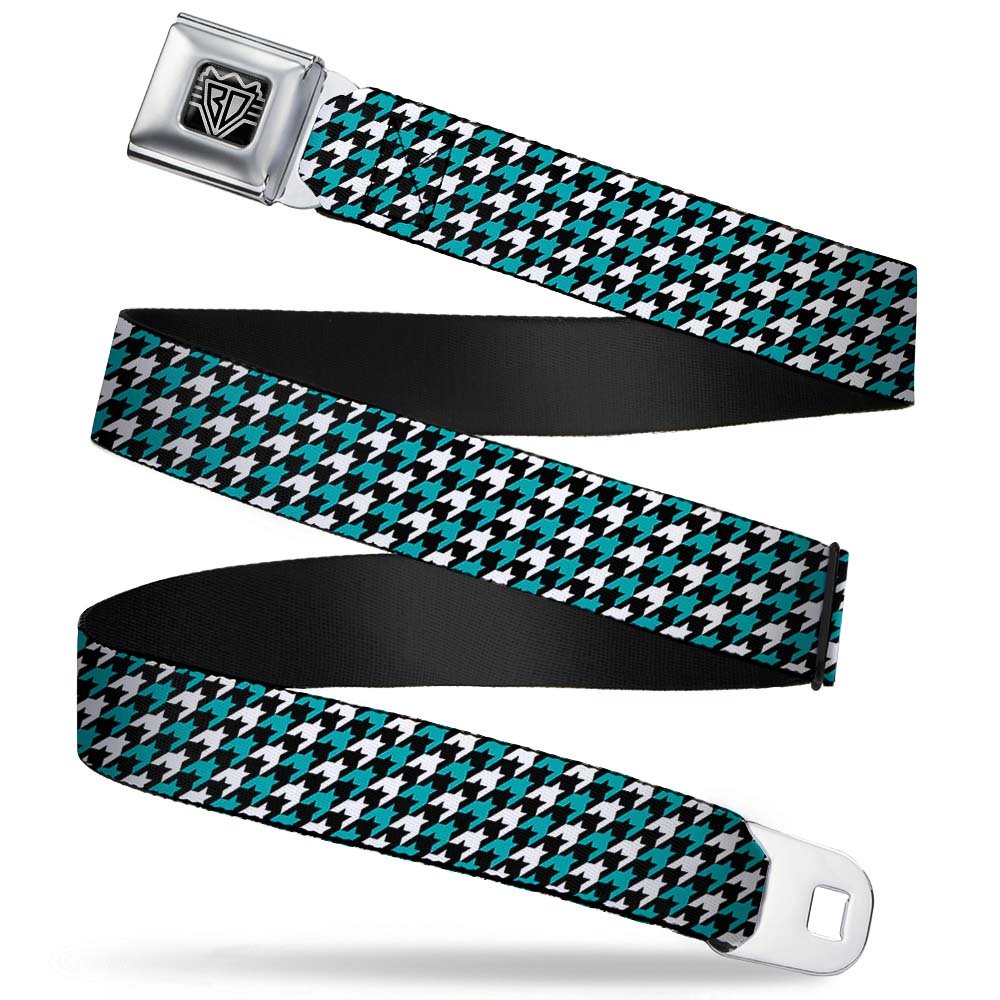 BD Wings Logo CLOSE-UP Full Color Black Silver Seatbelt Belt - Houndstooth Black/White/Turquoise Webbing Seatbelt Belts Buckle-Down
