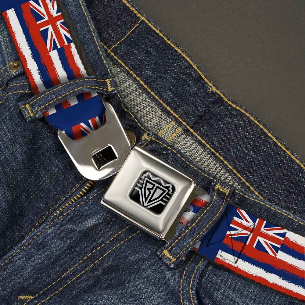 BD Wings Logo CLOSE-UP Full Color Black Silver Seatbelt Belt - Hawaii Flags Weathered Blue/Red/White Webbing Seatbelt Belts Buckle-Down