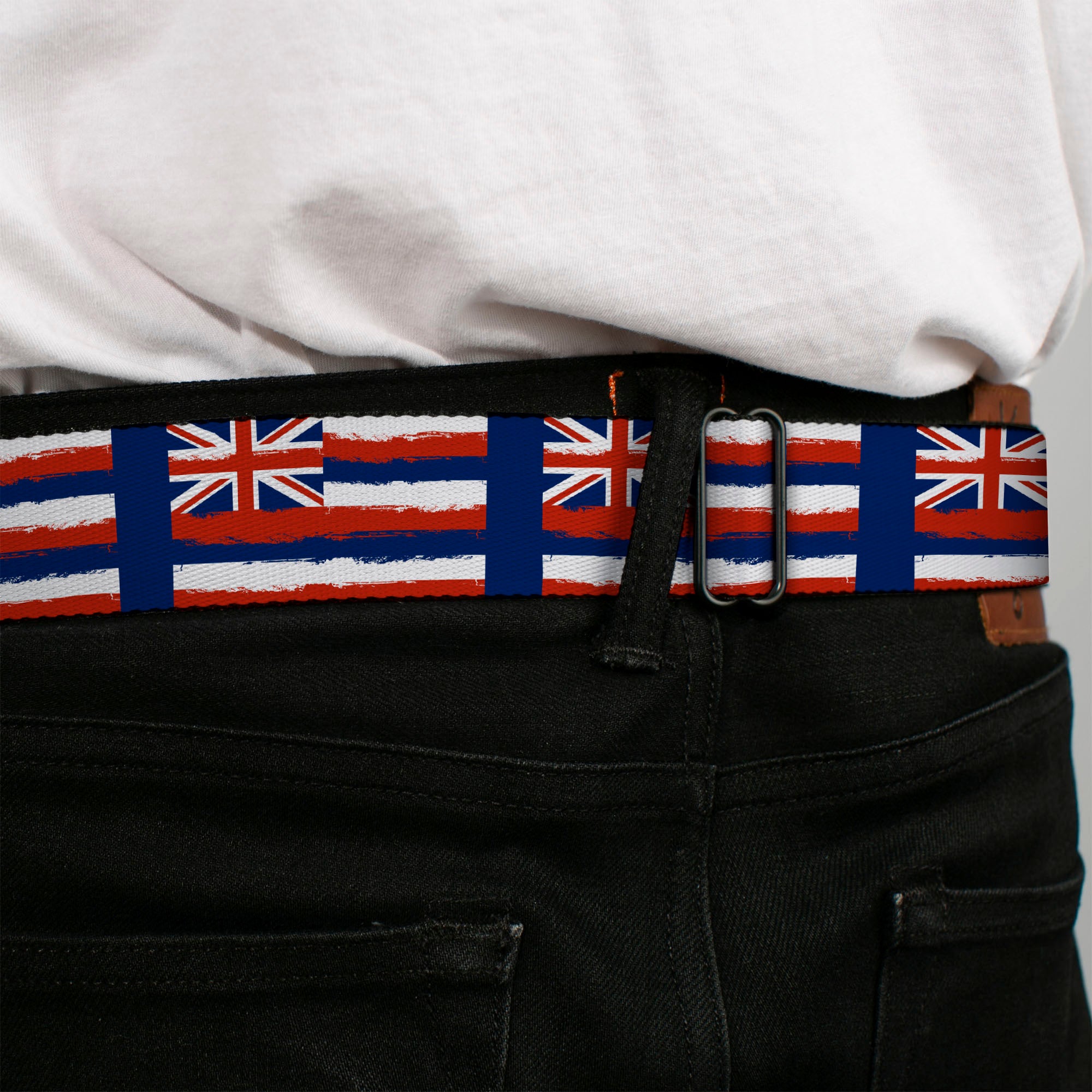 BD Wings Logo CLOSE-UP Full Color Black Silver Seatbelt Belt - Hawaii Flags Weathered Blue/Red/White Webbing Seatbelt Belts Buckle-Down