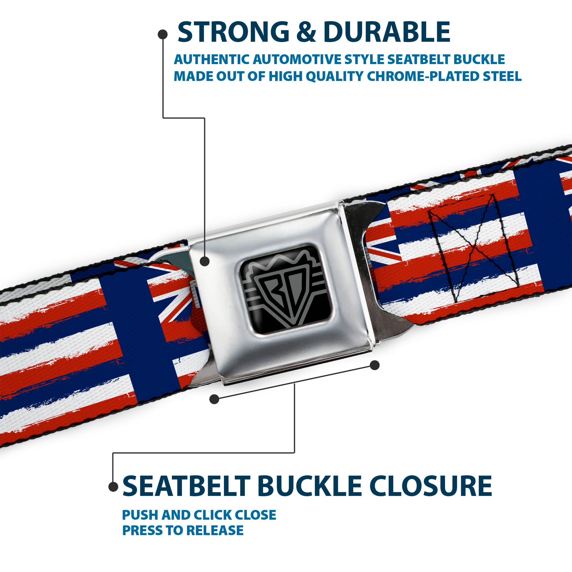 BD Wings Logo CLOSE-UP Full Color Black Silver Seatbelt Belt - Hawaii Flags Weathered Blue/Red/White Webbing Seatbelt Belts Buckle-Down