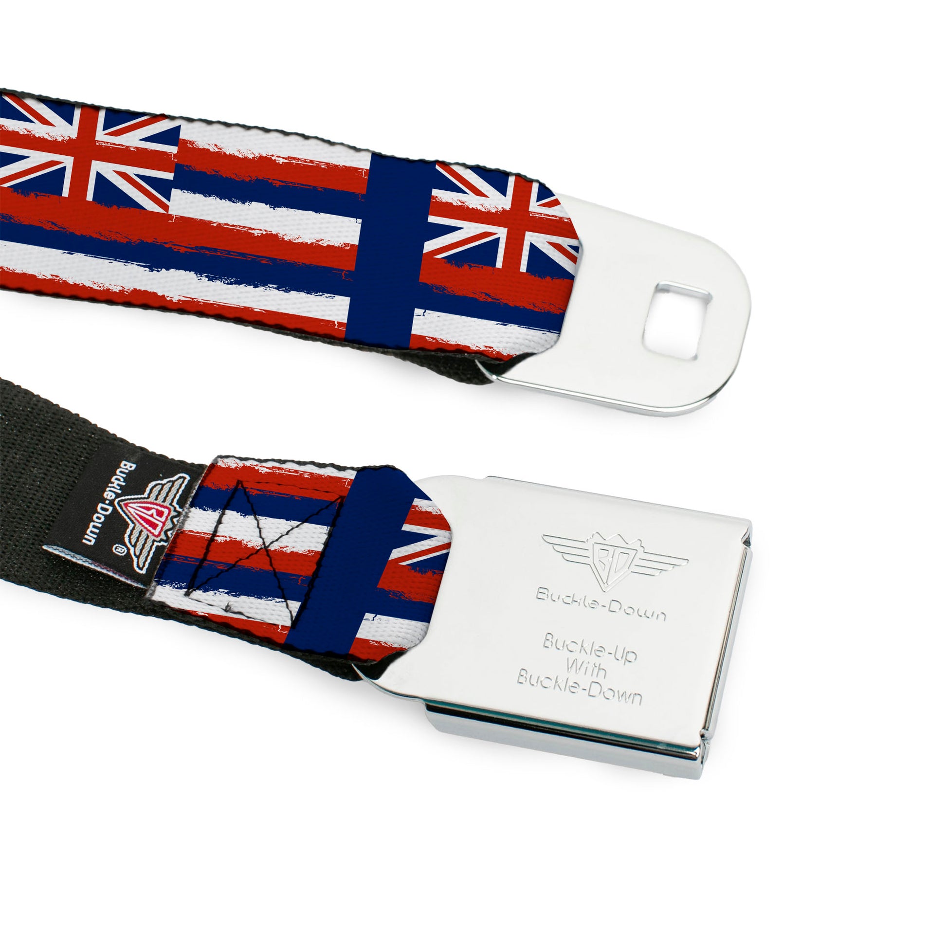 BD Wings Logo CLOSE-UP Full Color Black Silver Seatbelt Belt - Hawaii Flags Weathered Blue/Red/White Webbing Seatbelt Belts Buckle-Down