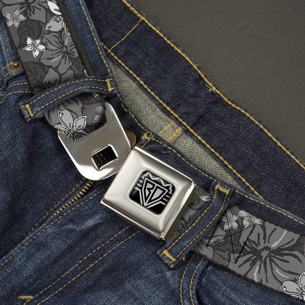 BD Wings Logo CLOSE-UP Full Color Black Silver Seatbelt Belt - Hibiscus Collage Gray Shades Webbing Seatbelt Belts Buckle-Down