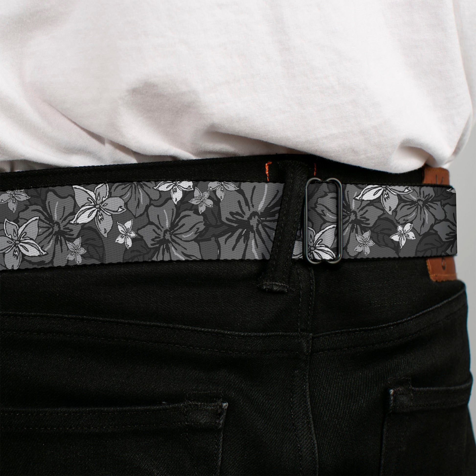 BD Wings Logo CLOSE-UP Full Color Black Silver Seatbelt Belt - Hibiscus Collage Gray Shades Webbing Seatbelt Belts Buckle-Down