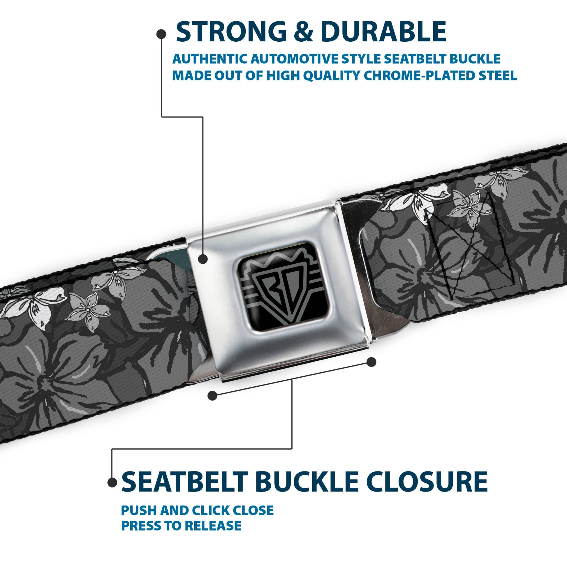 BD Wings Logo CLOSE-UP Full Color Black Silver Seatbelt Belt - Hibiscus Collage Gray Shades Webbing Seatbelt Belts Buckle-Down