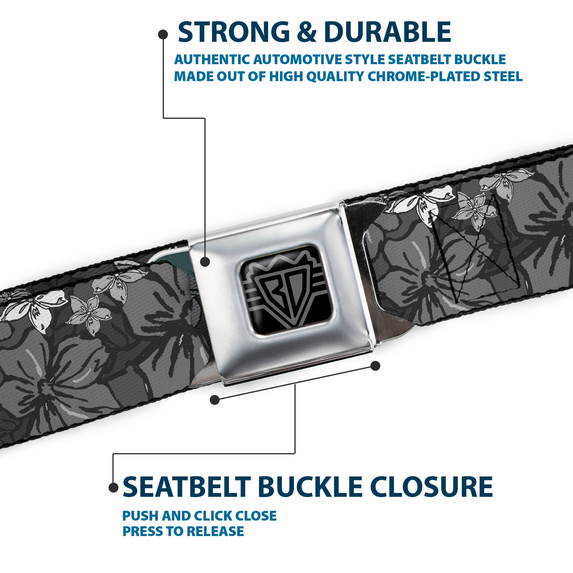 BD Wings Logo CLOSE-UP Full Color Black Silver Seatbelt Belt - Hibiscus Collage Gray Shades Webbing Seatbelt Belts Buckle-Down