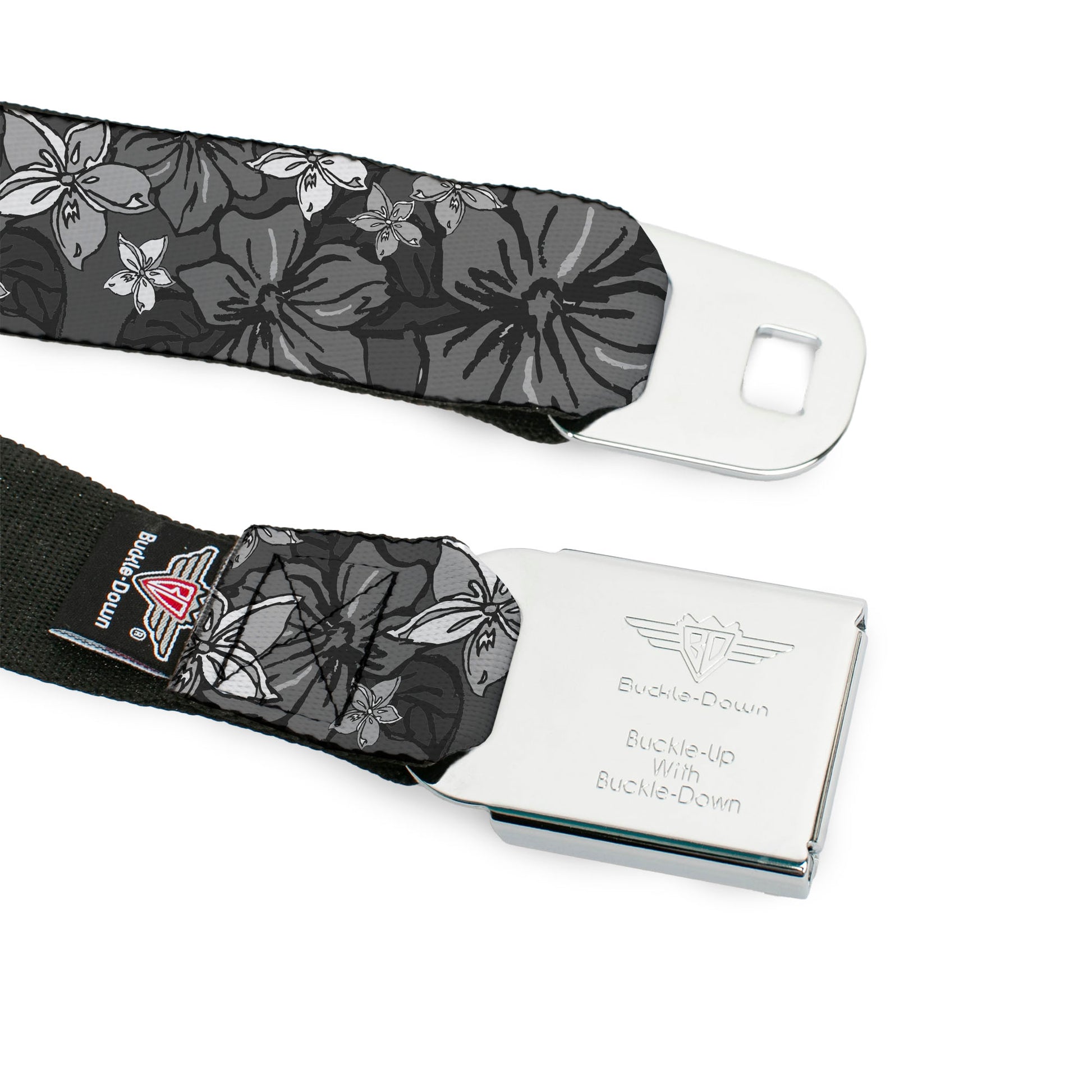 BD Wings Logo CLOSE-UP Full Color Black Silver Seatbelt Belt - Hibiscus Collage Gray Shades Webbing Seatbelt Belts Buckle-Down