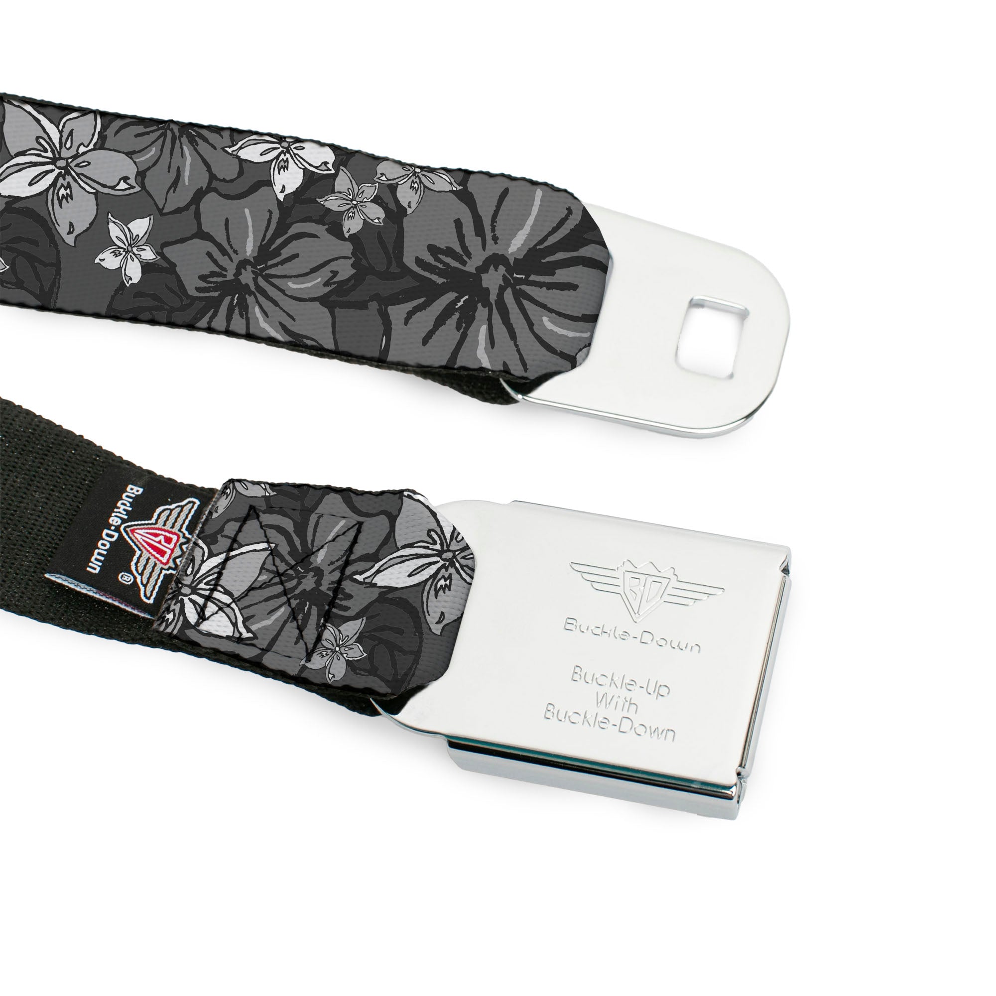 BD Wings Logo CLOSE-UP Full Color Black Silver Seatbelt Belt - Hibiscus Collage Gray Shades Webbing Seatbelt Belts Buckle-Down