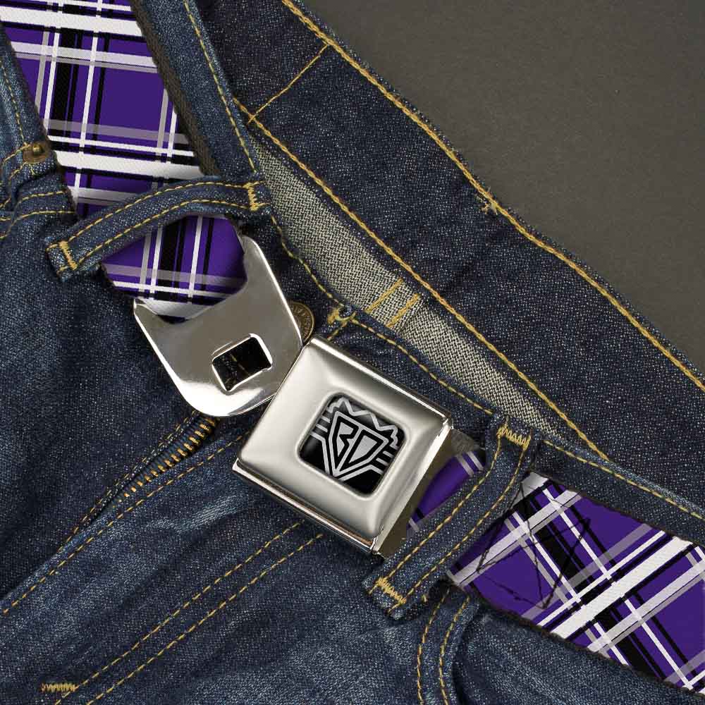 BD Wings Logo CLOSE-UP Full Color Black Silver Seatbelt Belt - Houndstooth Gray/Purple/White Webbing Seatbelt Belts Buckle-Down