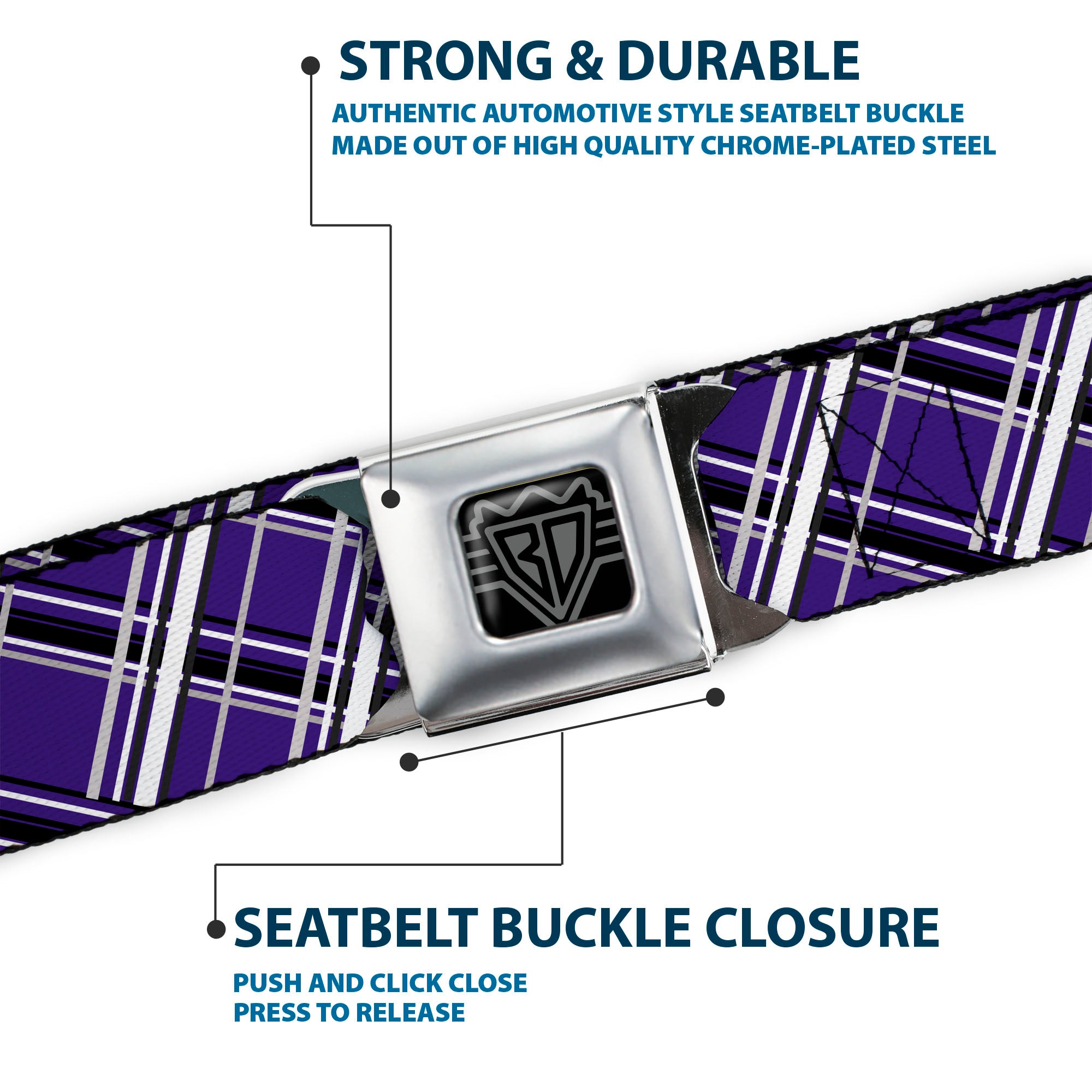 BD Wings Logo CLOSE-UP Full Color Black Silver Seatbelt Belt - Houndstooth Gray/Purple/White Webbing Seatbelt Belts Buckle-Down