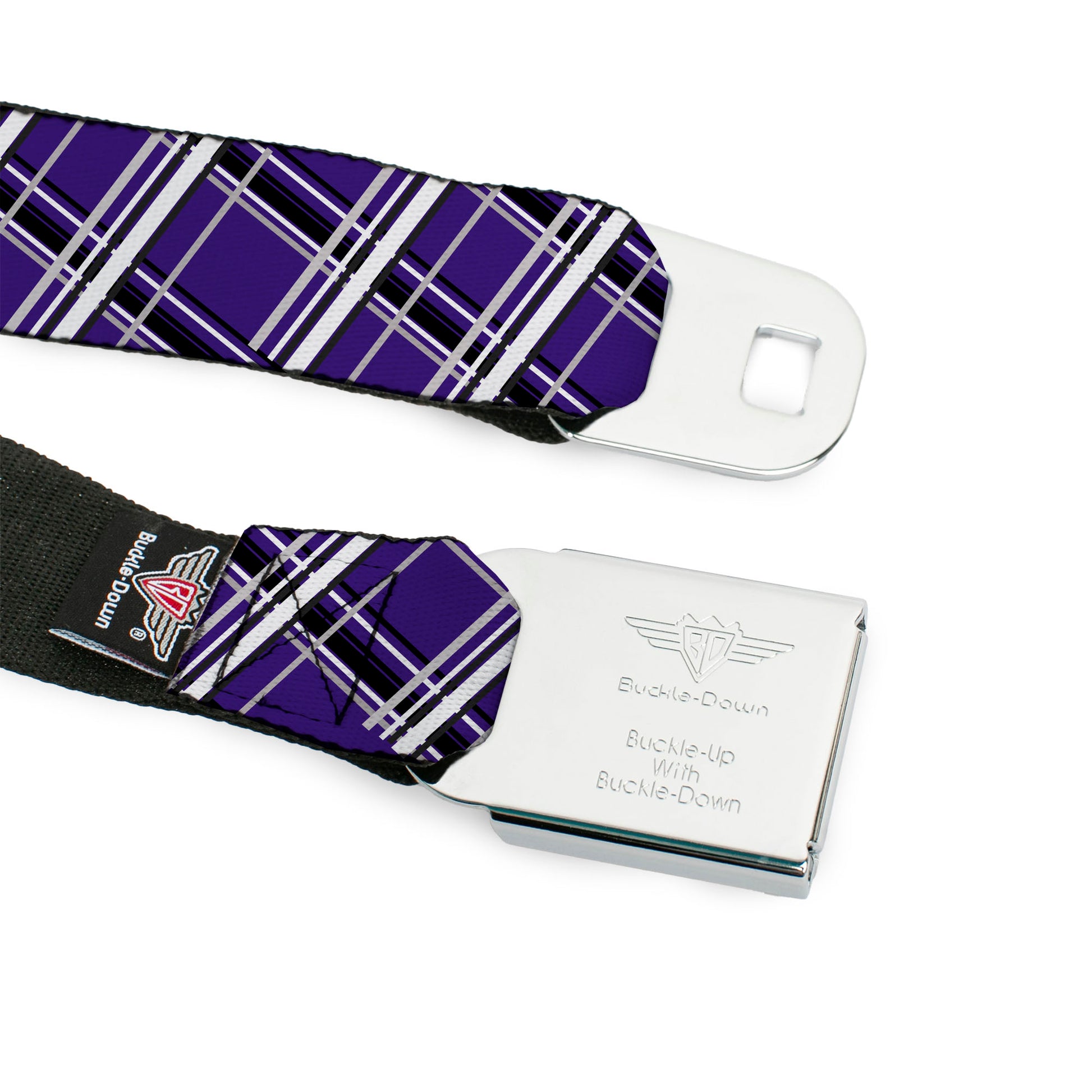 BD Wings Logo CLOSE-UP Full Color Black Silver Seatbelt Belt - Houndstooth Gray/Purple/White Webbing Seatbelt Belts Buckle-Down