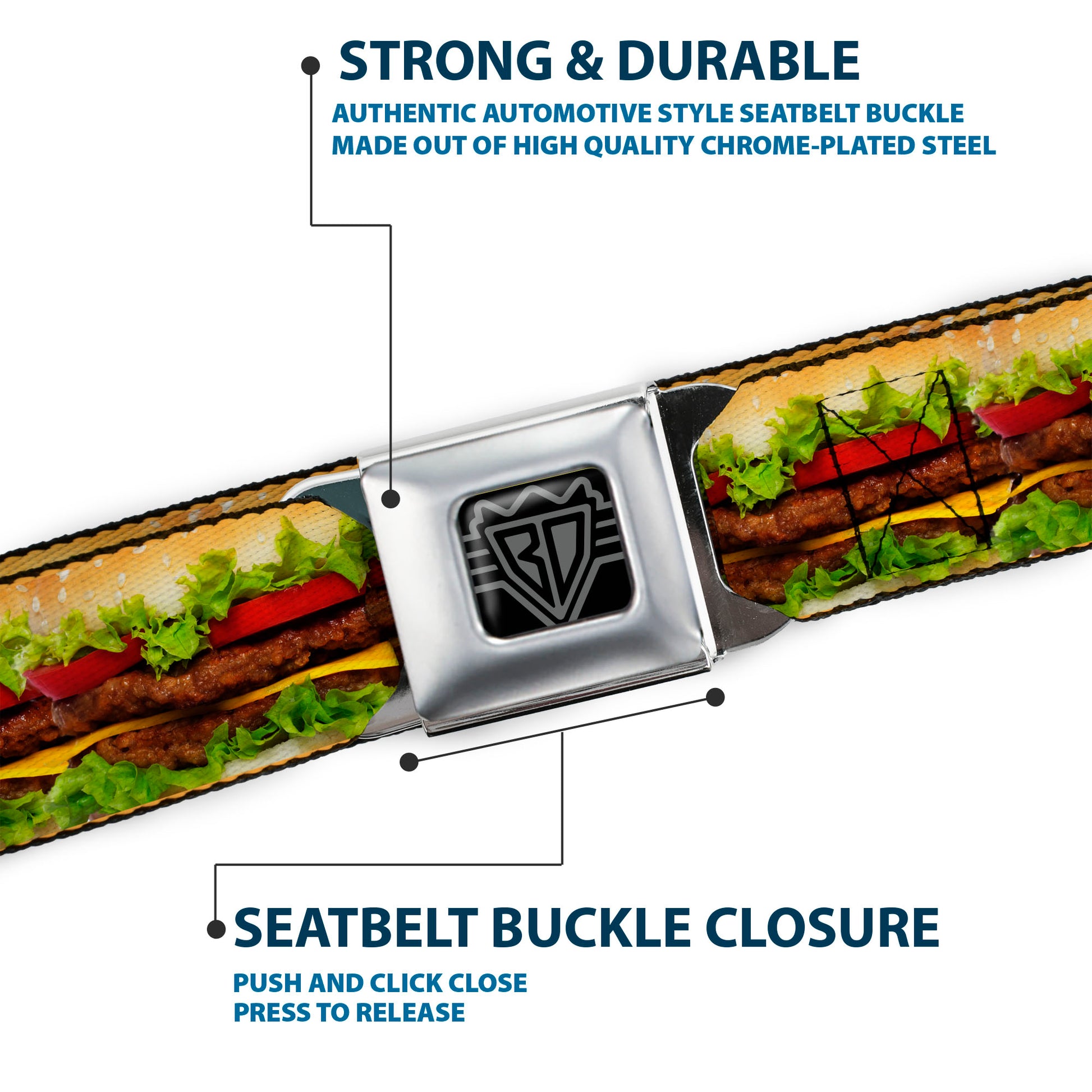 BD Wings Logo CLOSE-UP Full Color Black Silver Seatbelt Belt - Hamburger Vivid Webbing Seatbelt Belts Buckle-Down
