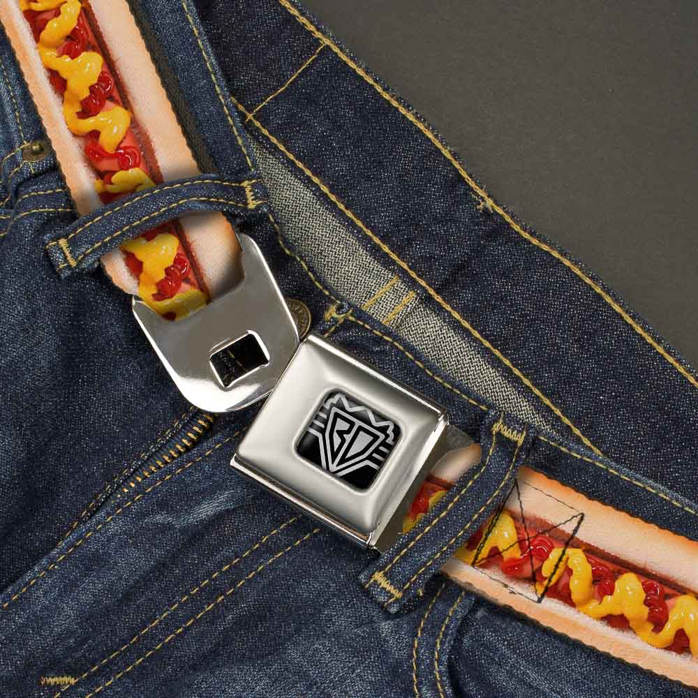 BD Wings Logo CLOSE-UP Full Color Black Silver Seatbelt Belt - Hot Dog w/Mustard & Ketchup Vivid Webbing Seatbelt Belts Buckle-Down