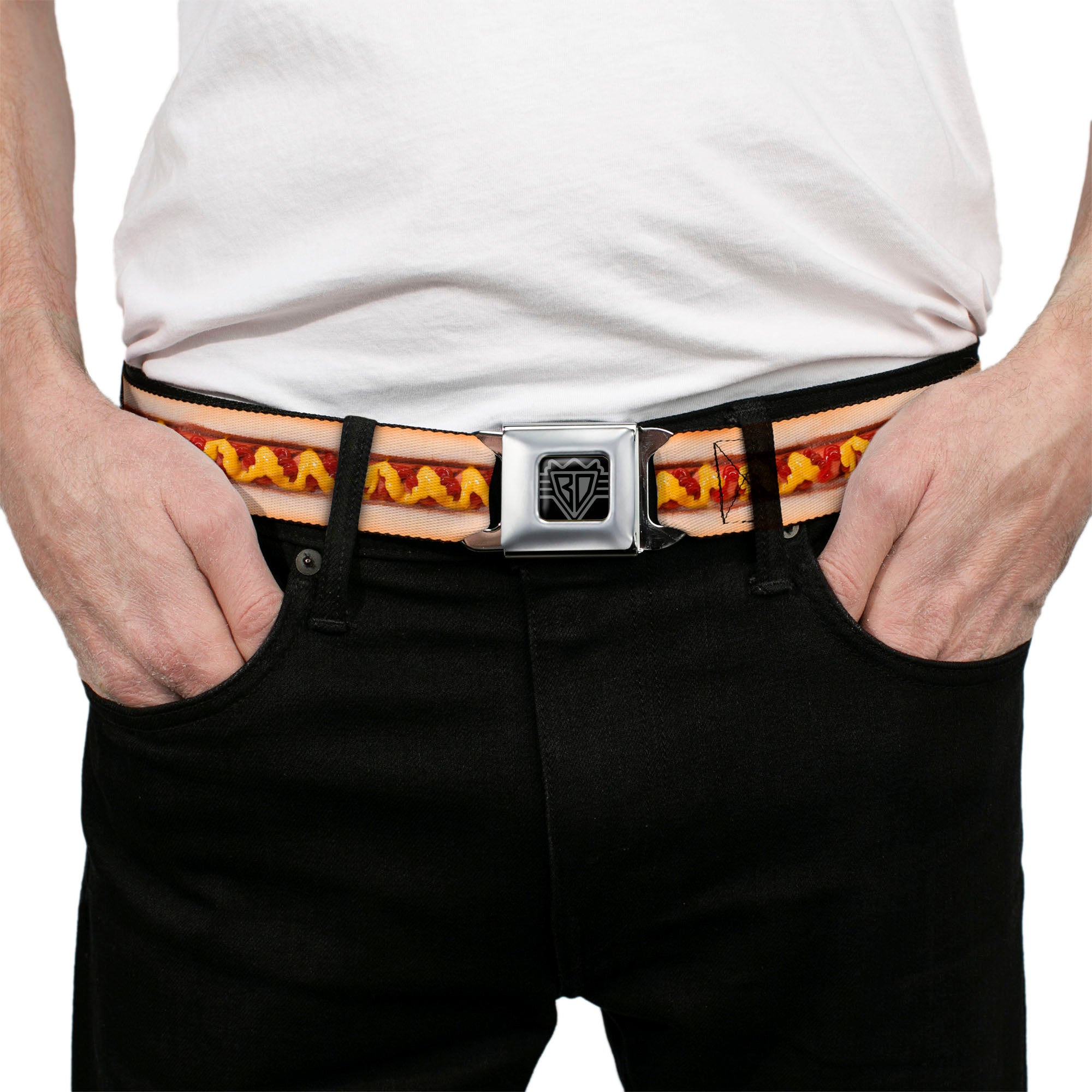 BD Wings Logo CLOSE-UP Full Color Black Silver Seatbelt Belt - Hot Dog w/Mustard & Ketchup Vivid Webbing Seatbelt Belts Buckle-Down