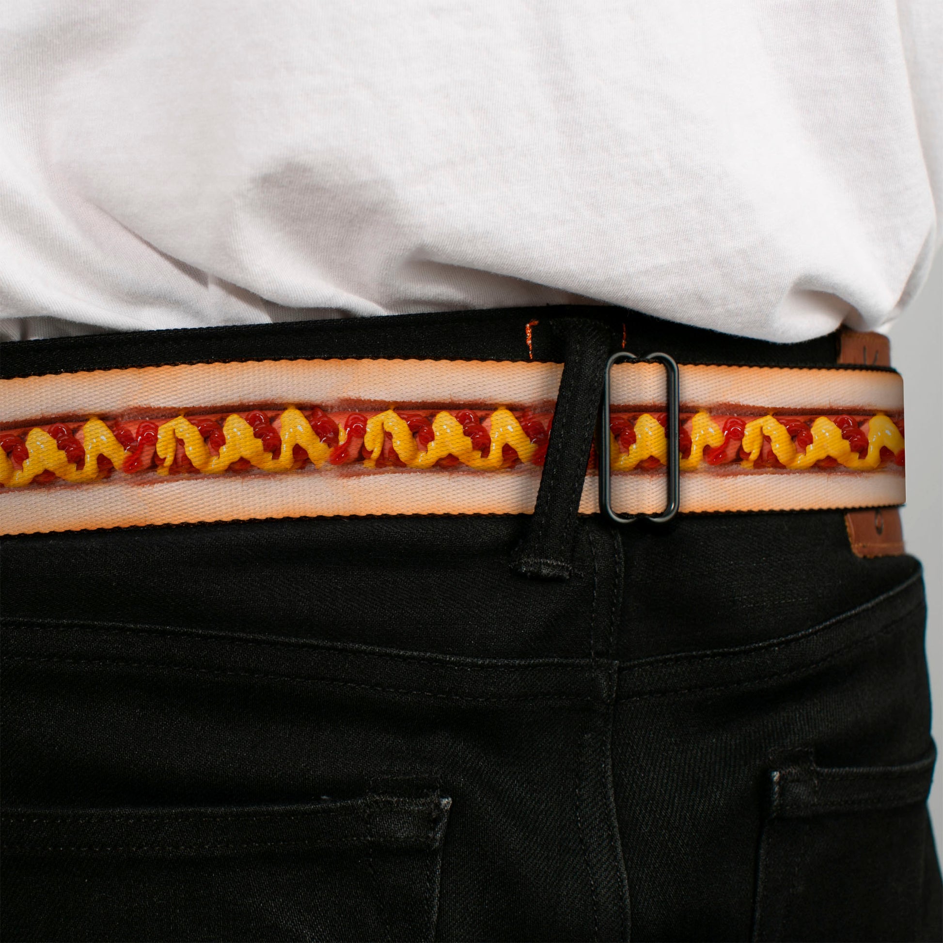 BD Wings Logo CLOSE-UP Full Color Black Silver Seatbelt Belt - Hot Dog w/Mustard & Ketchup Vivid Webbing Seatbelt Belts Buckle-Down