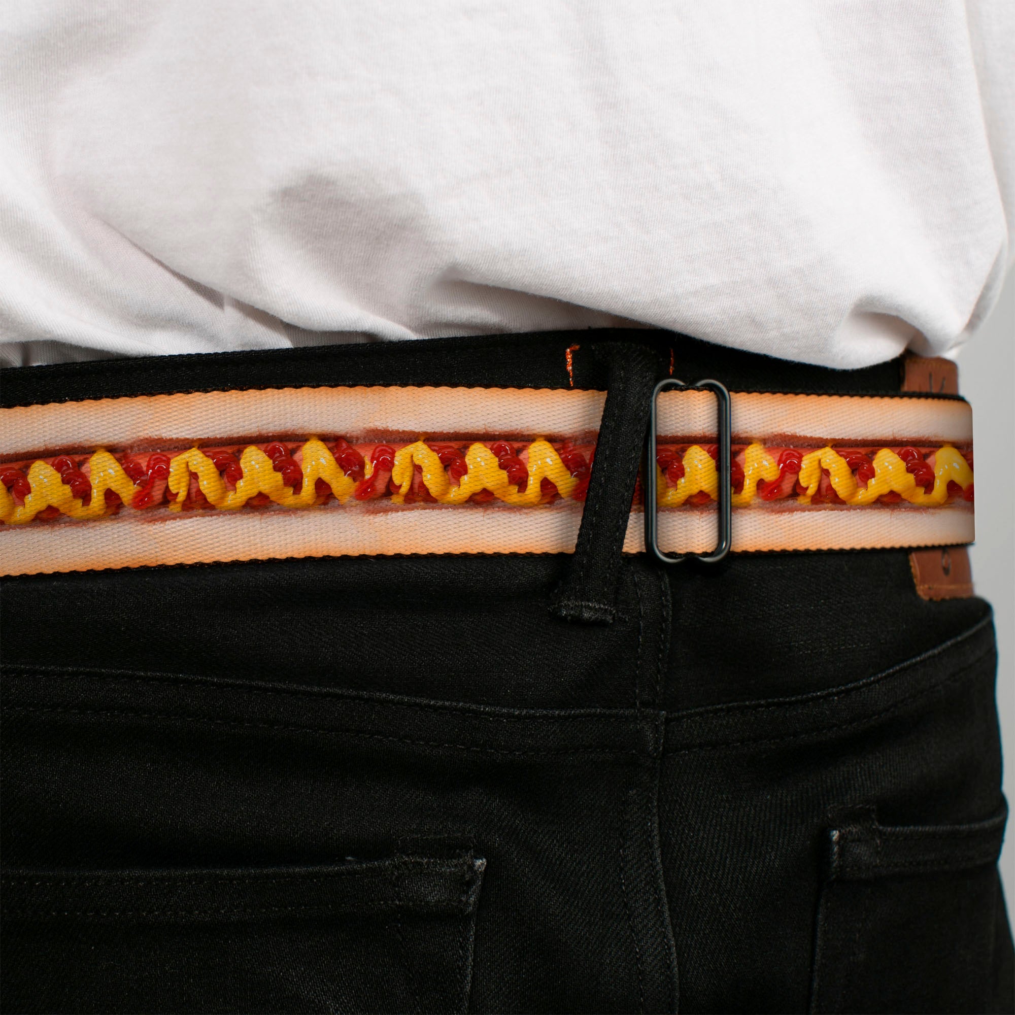 BD Wings Logo CLOSE-UP Full Color Black Silver Seatbelt Belt - Hot Dog w/Mustard & Ketchup Vivid Webbing Seatbelt Belts Buckle-Down