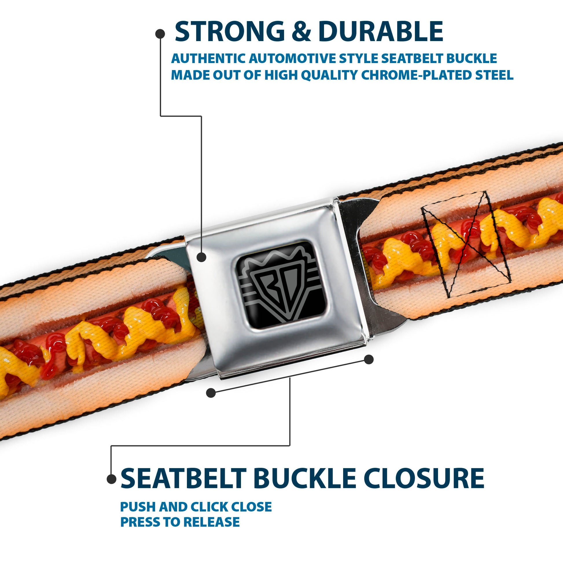 BD Wings Logo CLOSE-UP Full Color Black Silver Seatbelt Belt - Hot Dog w/Mustard & Ketchup Vivid Webbing Seatbelt Belts Buckle-Down