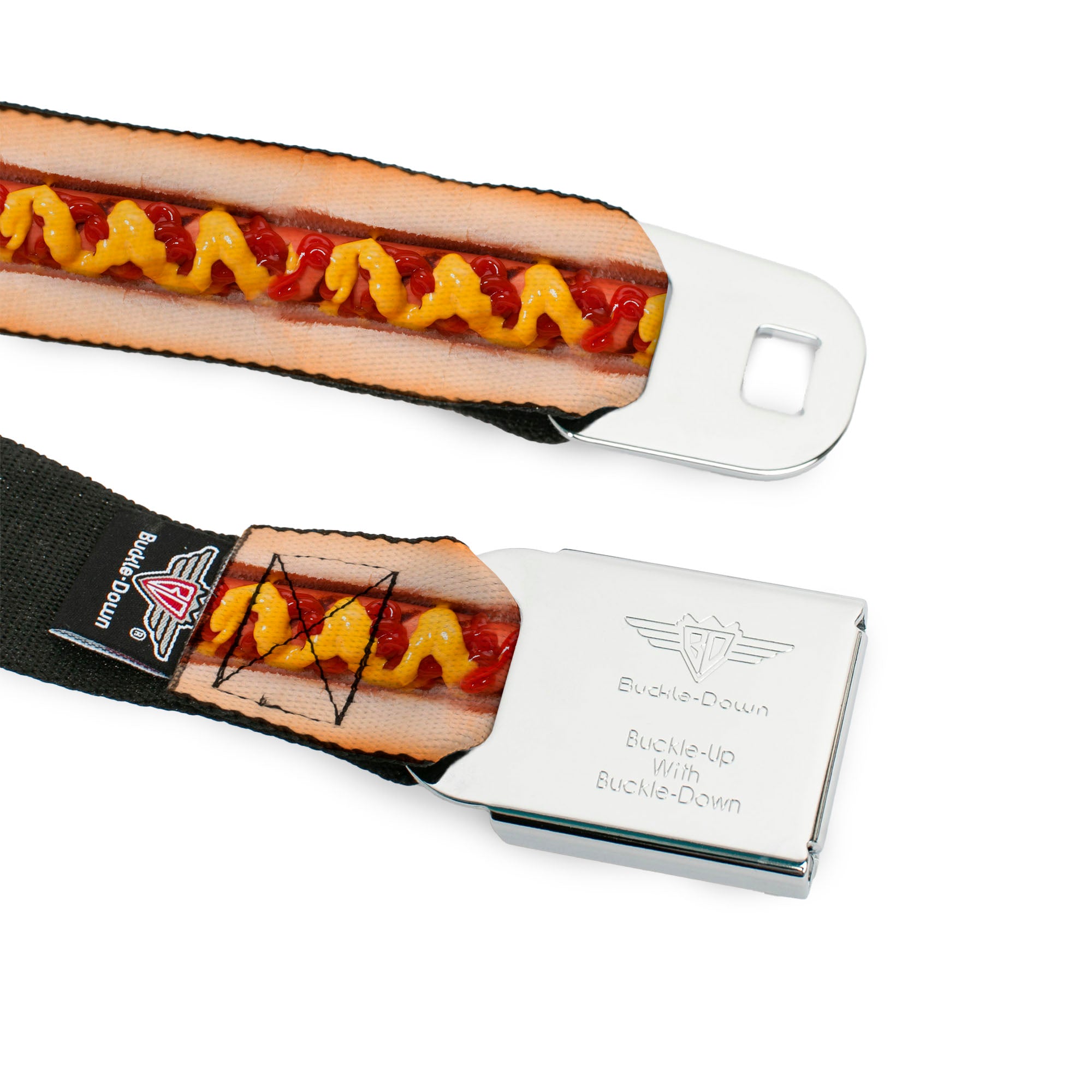 BD Wings Logo CLOSE-UP Full Color Black Silver Seatbelt Belt - Hot Dog w/Mustard & Ketchup Vivid Webbing Seatbelt Belts Buckle-Down