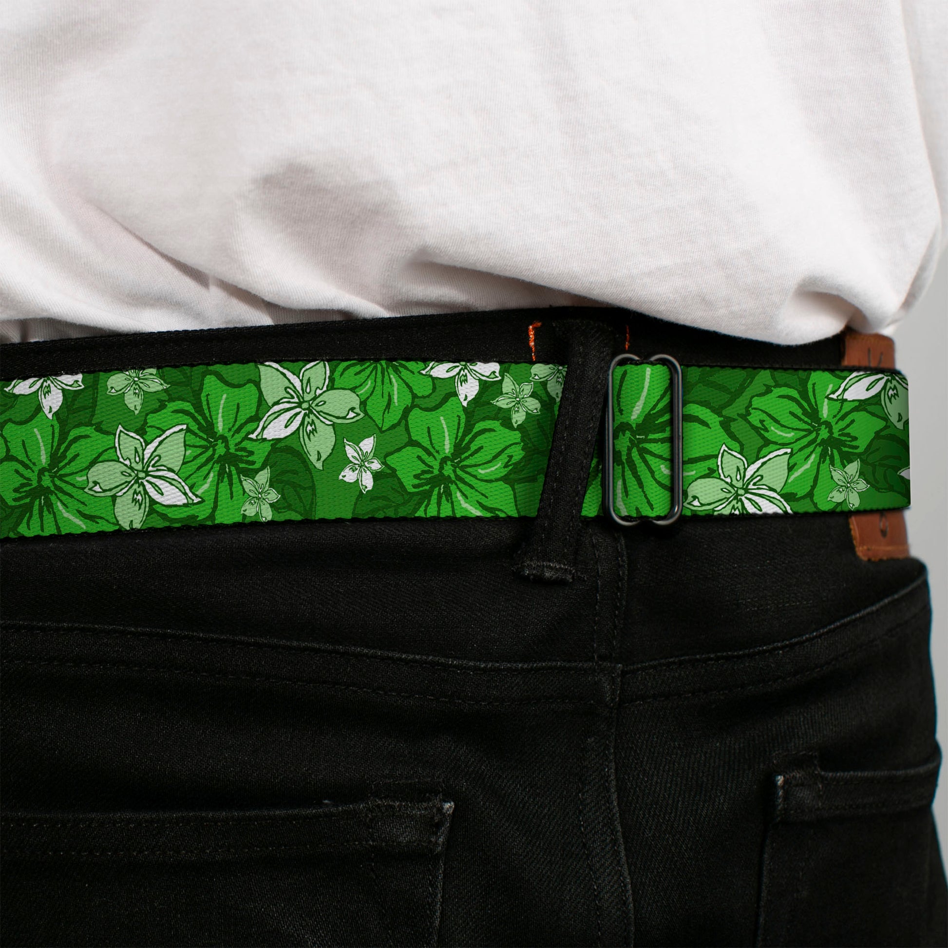 BD Wings Logo CLOSE-UP Full Color Black Silver Seatbelt Belt - Hibiscus Collage Green Shades Webbing Seatbelt Belts Buckle-Down