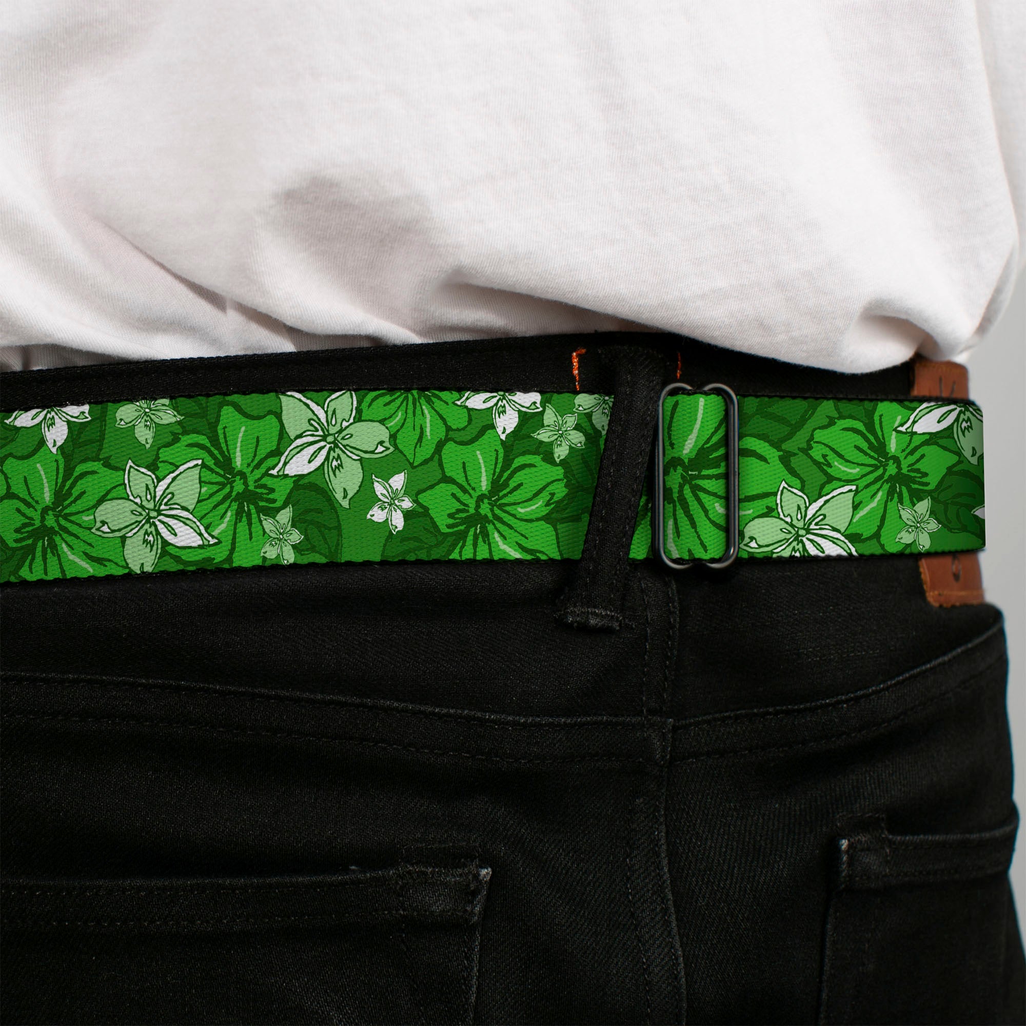 BD Wings Logo CLOSE-UP Full Color Black Silver Seatbelt Belt - Hibiscus Collage Green Shades Webbing Seatbelt Belts Buckle-Down