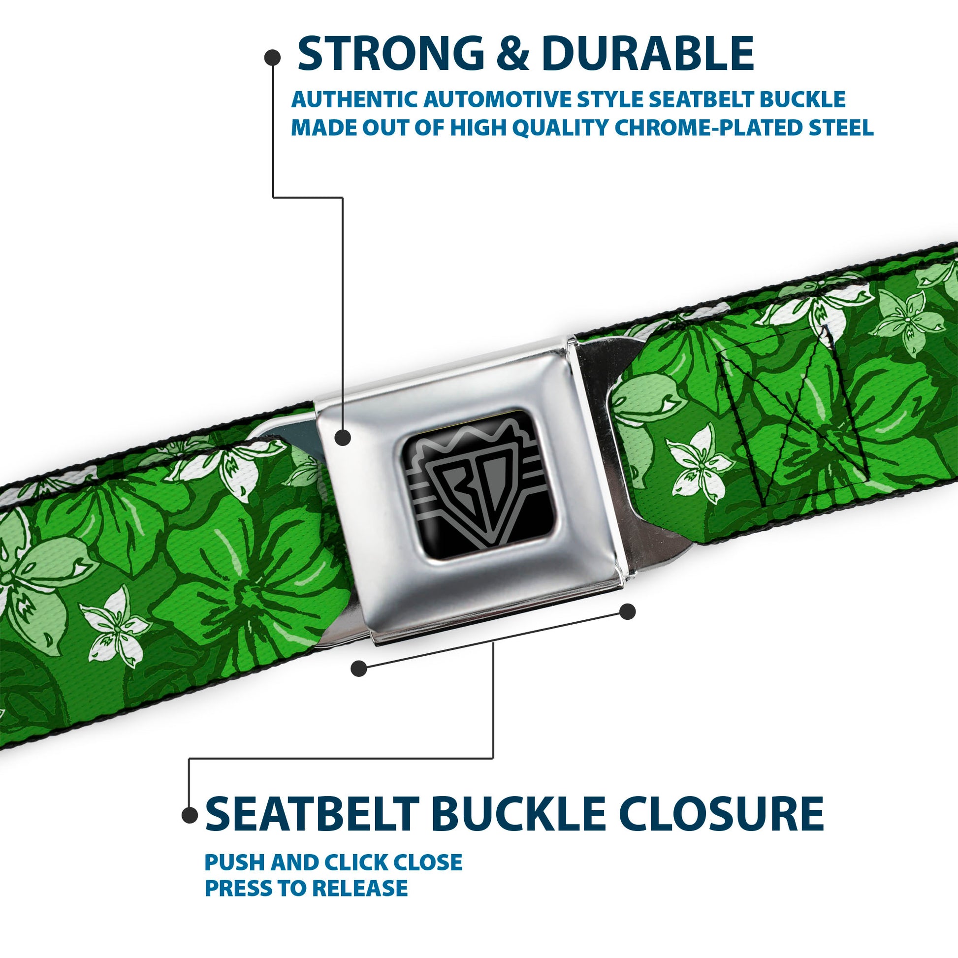 BD Wings Logo CLOSE-UP Full Color Black Silver Seatbelt Belt - Hibiscus Collage Green Shades Webbing Seatbelt Belts Buckle-Down