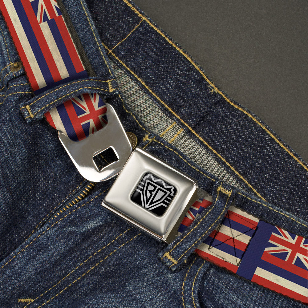BD Wings Logo CLOSE-UP Full Color Black Silver Seatbelt Belt - Hawaii Flags2/Navy Webbing Seatbelt Belts Buckle-Down