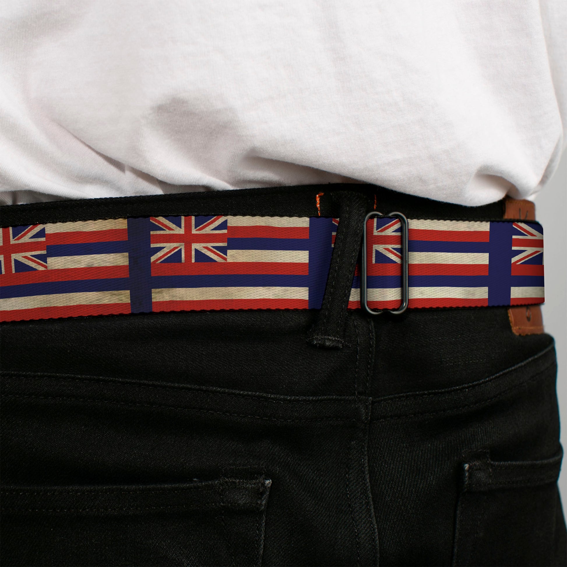 BD Wings Logo CLOSE-UP Full Color Black Silver Seatbelt Belt - Hawaii Flags2/Navy Webbing Seatbelt Belts Buckle-Down