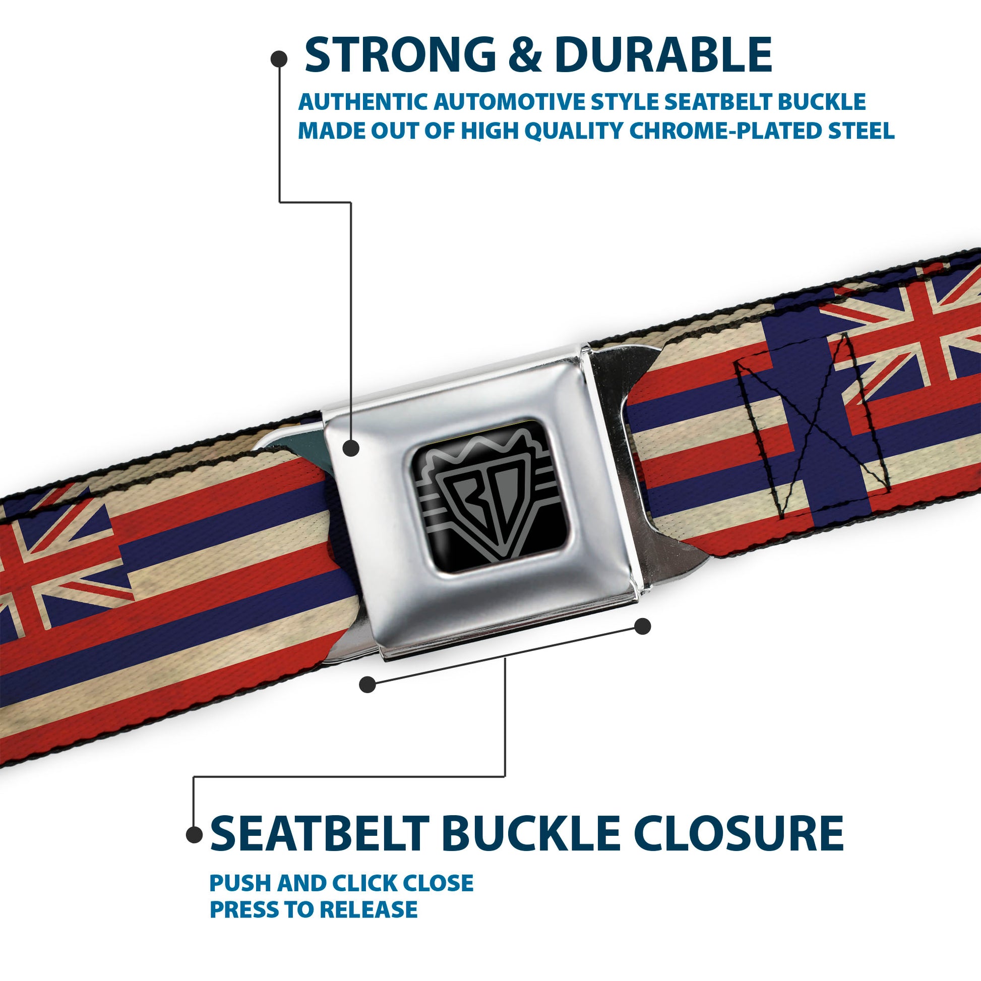 BD Wings Logo CLOSE-UP Full Color Black Silver Seatbelt Belt - Hawaii Flags2/Navy Webbing Seatbelt Belts Buckle-Down