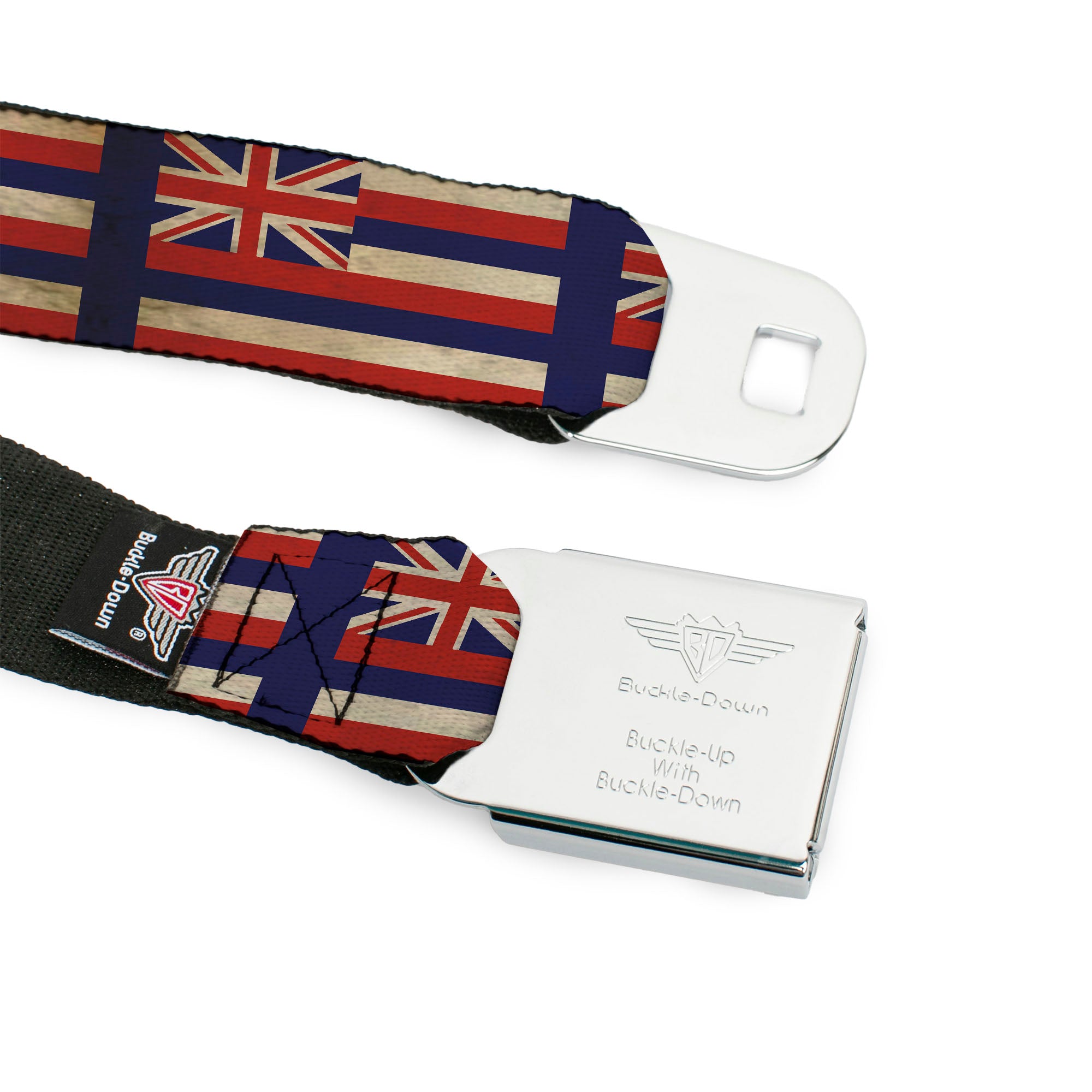 BD Wings Logo CLOSE-UP Full Color Black Silver Seatbelt Belt - Hawaii Flags2/Navy Webbing Seatbelt Belts Buckle-Down