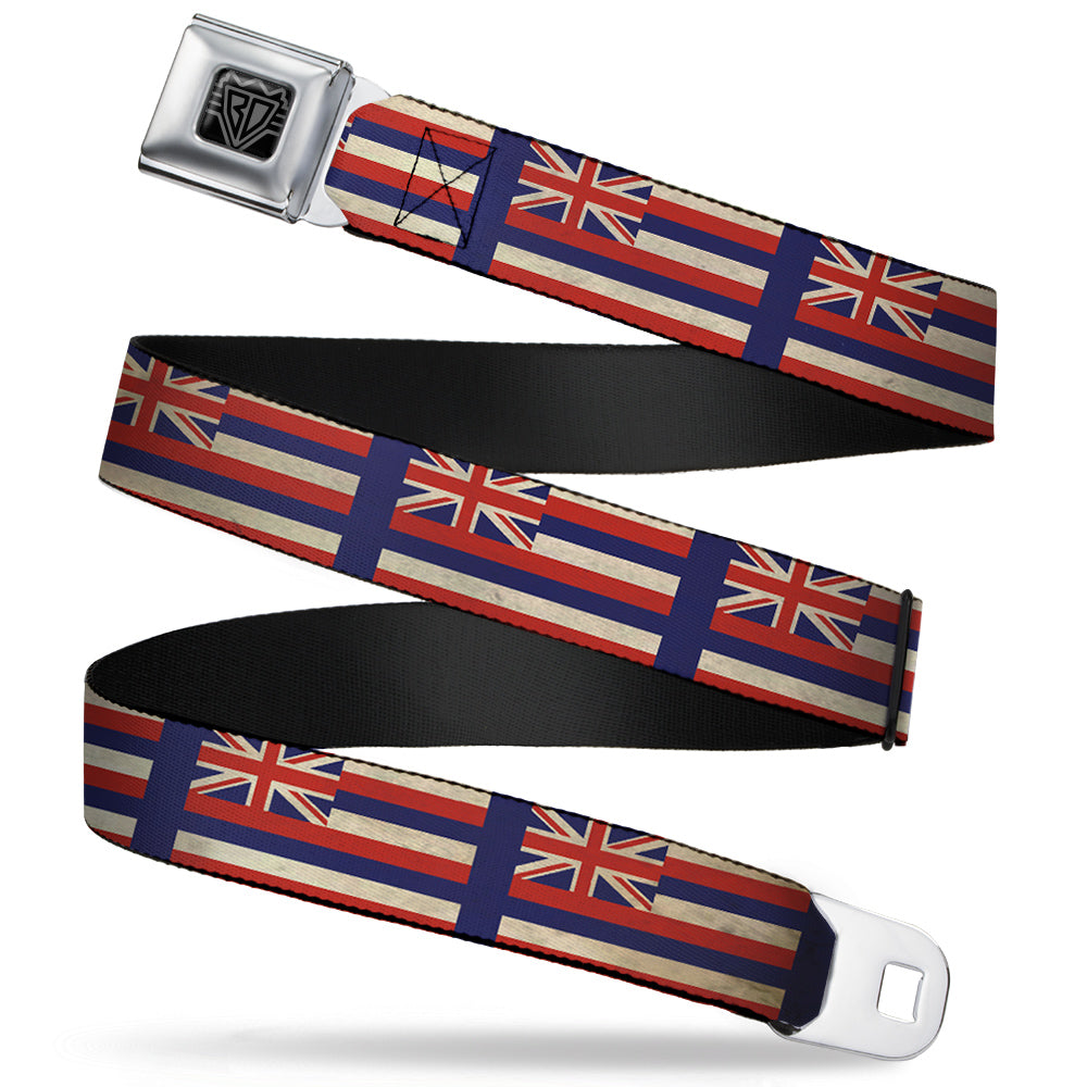 BD Wings Logo CLOSE-UP Full Color Black Silver Seatbelt Belt - Hawaii Flags2/Navy Webbing Seatbelt Belts Buckle-Down