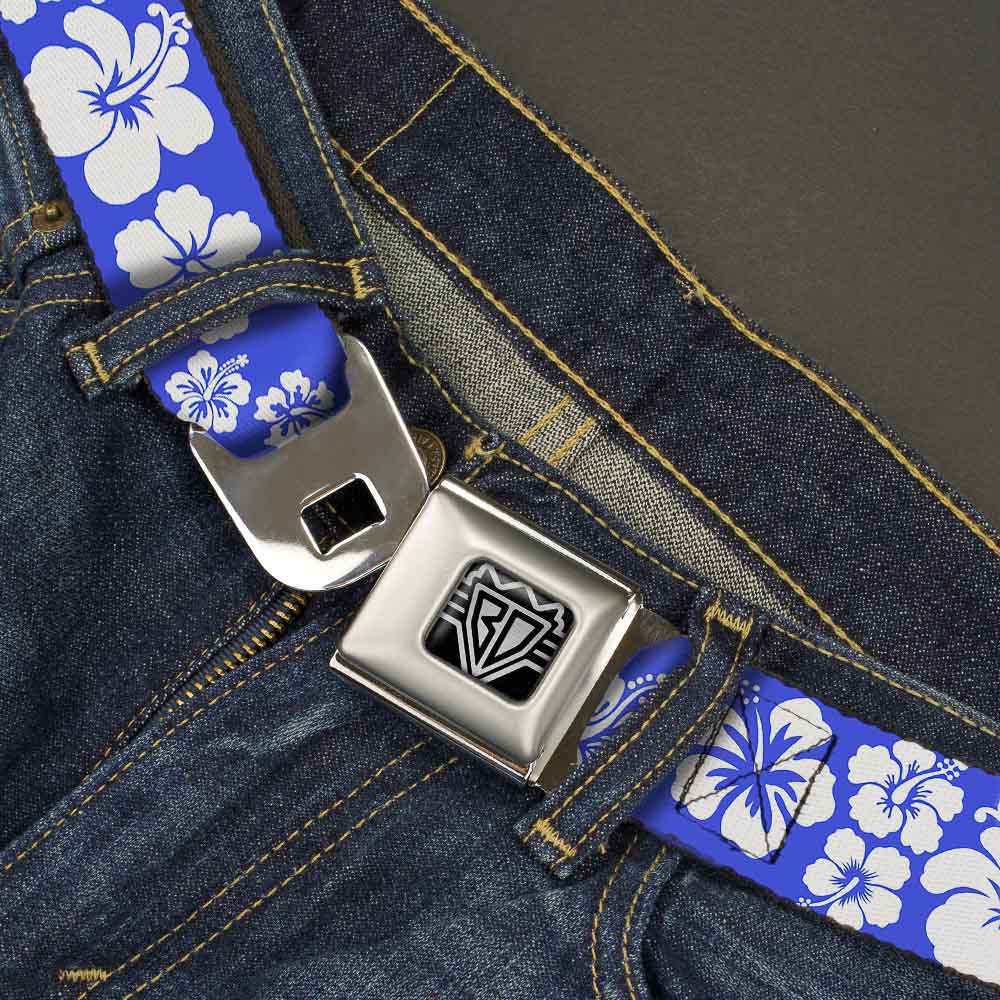 BD Wings Logo CLOSE-UP Full Color Black Silver Seatbelt Belt - Hibiscus Blue/White Webbing Seatbelt Belts Buckle-Down