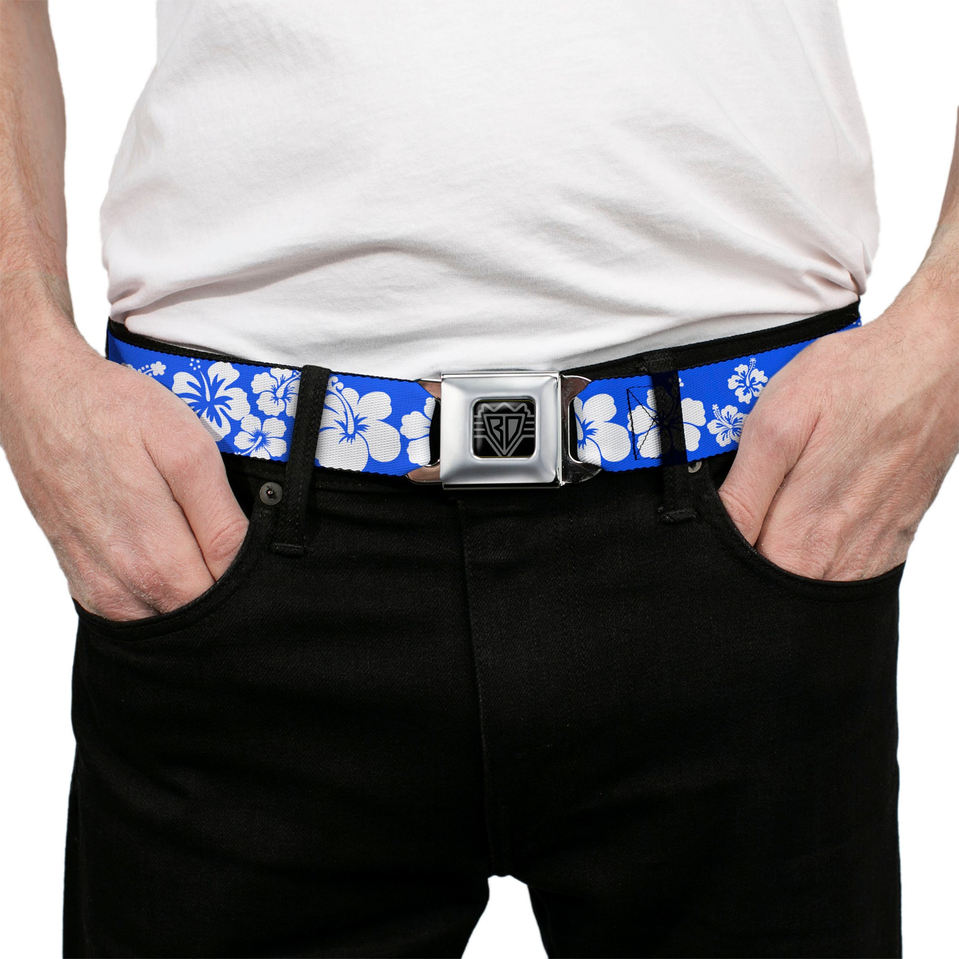 BD Wings Logo CLOSE-UP Full Color Black Silver Seatbelt Belt - Hibiscus Blue/White Webbing Seatbelt Belts Buckle-Down