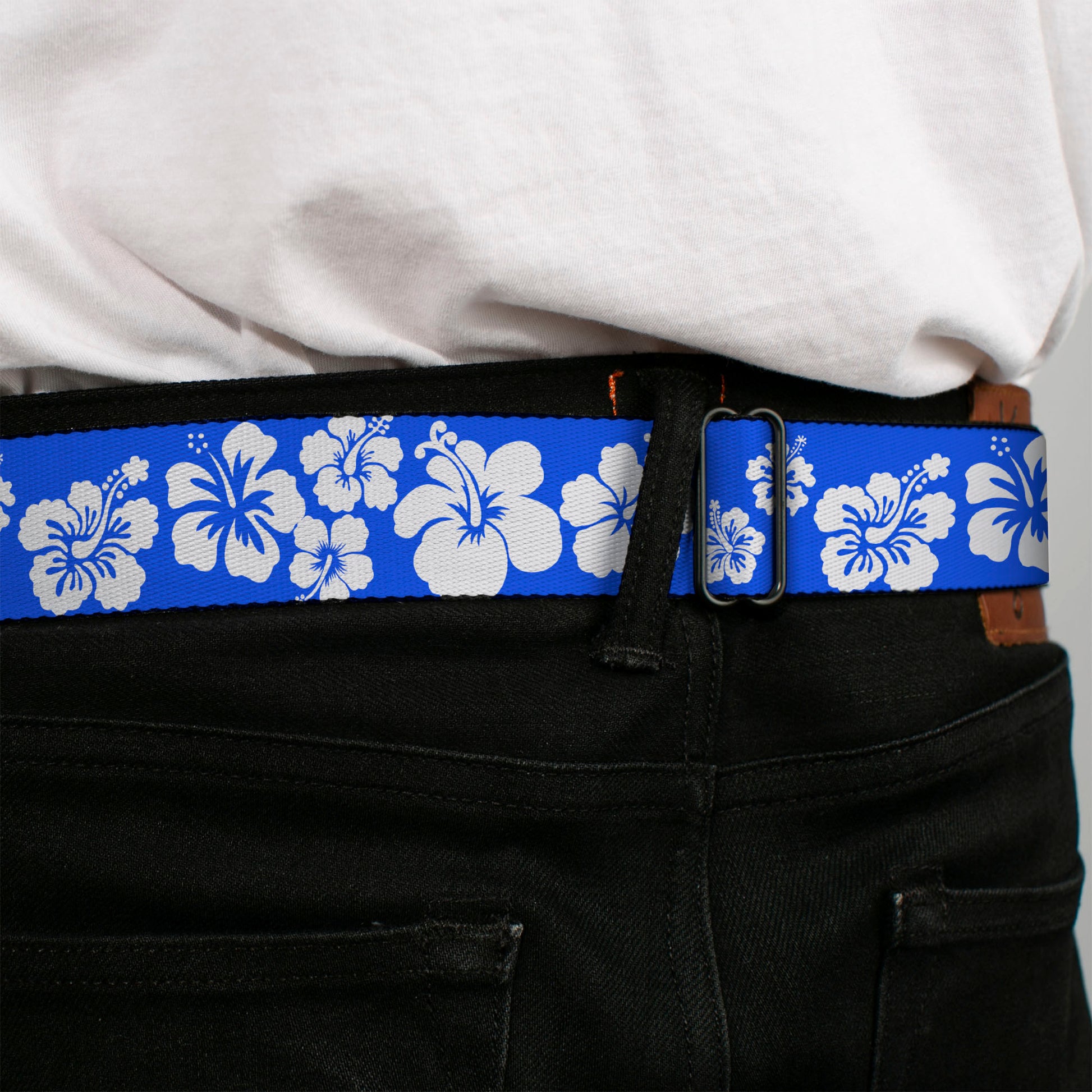 BD Wings Logo CLOSE-UP Full Color Black Silver Seatbelt Belt - Hibiscus Blue/White Webbing Seatbelt Belts Buckle-Down