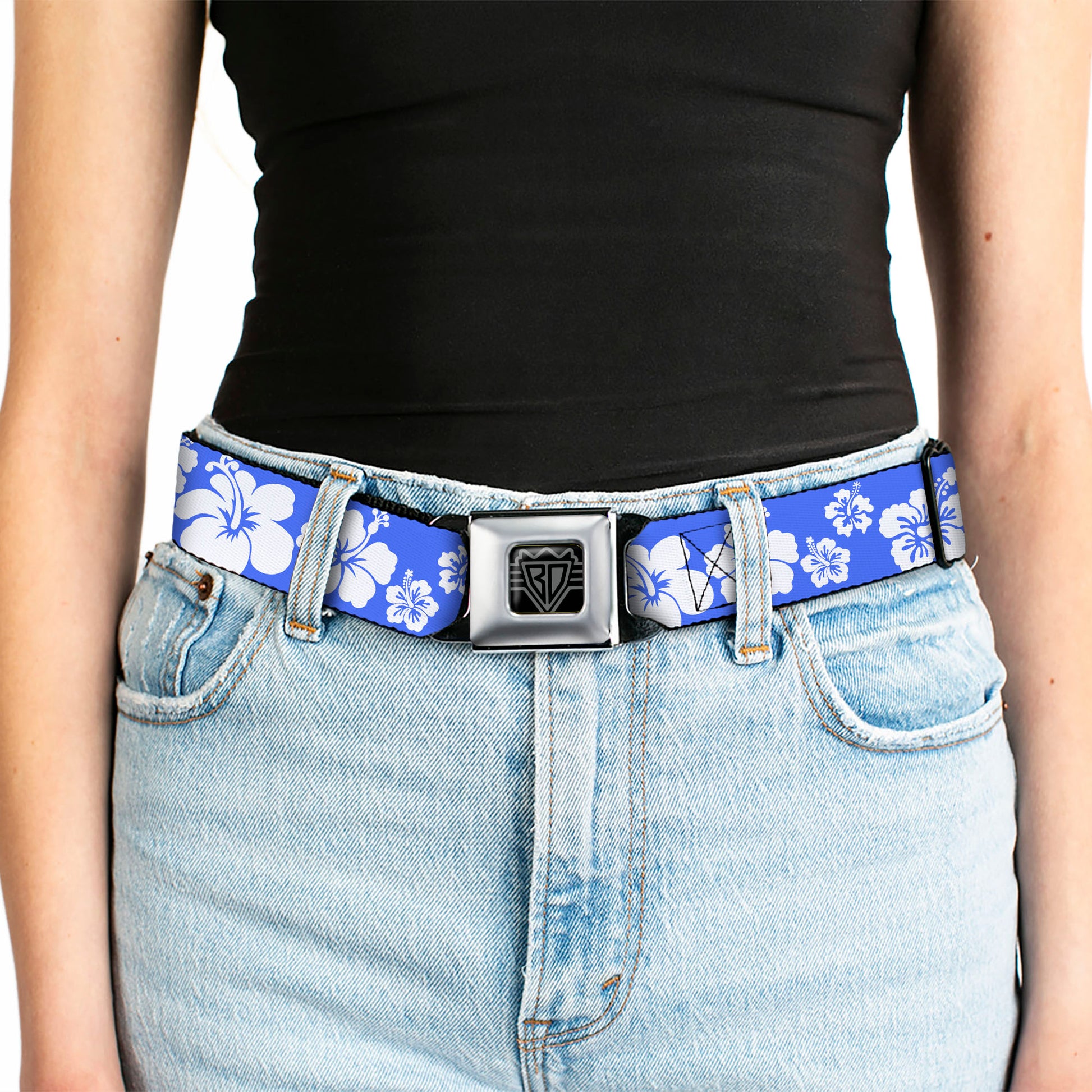 BD Wings Logo CLOSE-UP Full Color Black Silver Seatbelt Belt - Hibiscus Blue/White Webbing Seatbelt Belts Buckle-Down