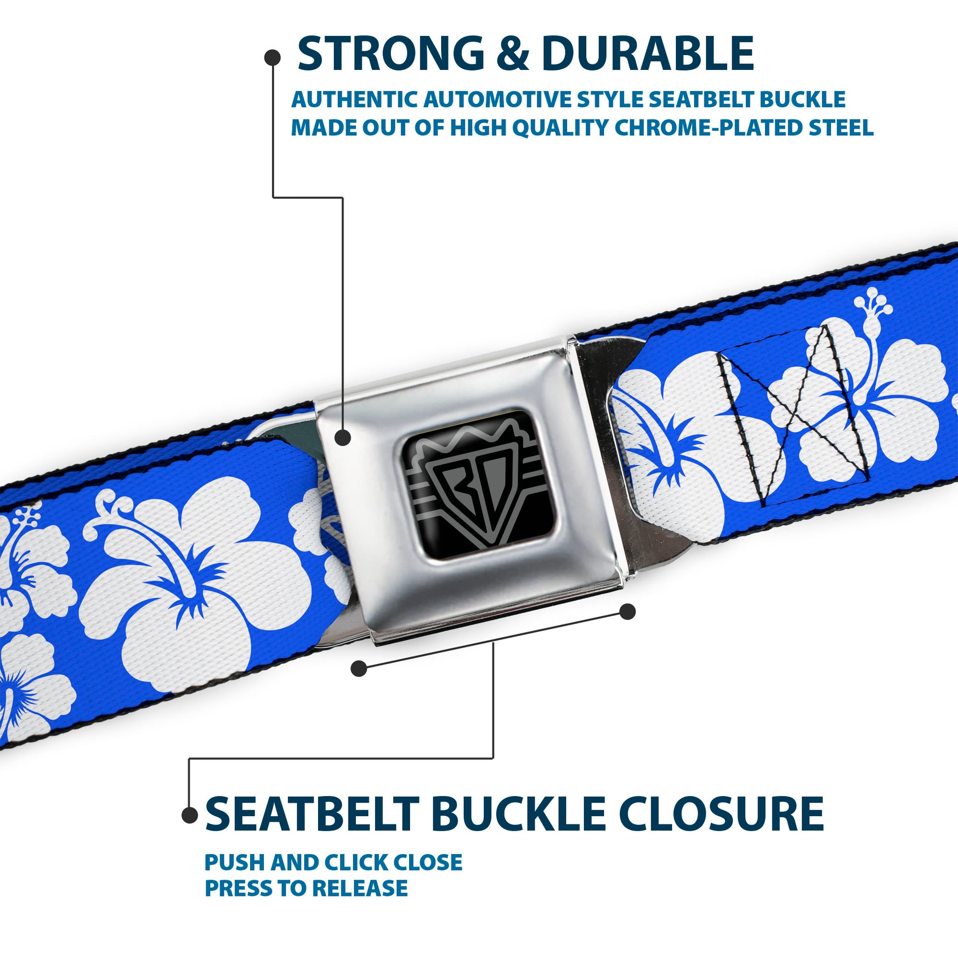 BD Wings Logo CLOSE-UP Full Color Black Silver Seatbelt Belt - Hibiscus Blue/White Webbing Seatbelt Belts Buckle-Down