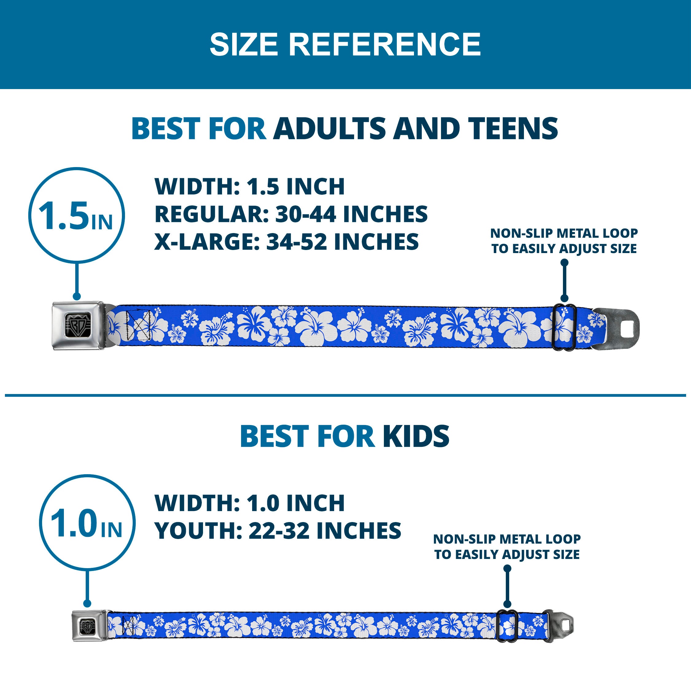 BD Wings Logo CLOSE-UP Full Color Black Silver Seatbelt Belt - Hibiscus Blue/White Webbing Seatbelt Belts Buckle-Down