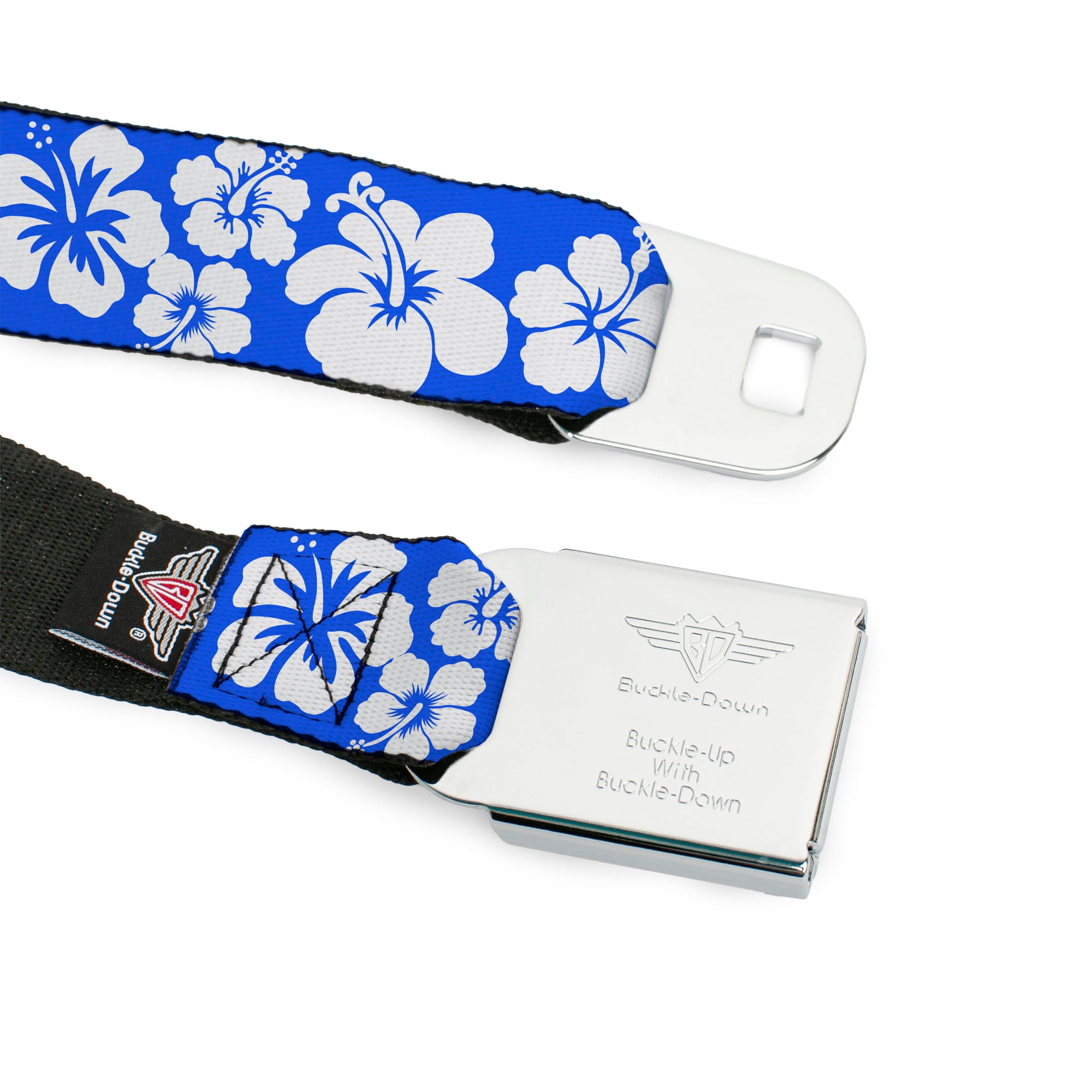 BD Wings Logo CLOSE-UP Full Color Black Silver Seatbelt Belt - Hibiscus Blue/White Webbing Seatbelt Belts Buckle-Down