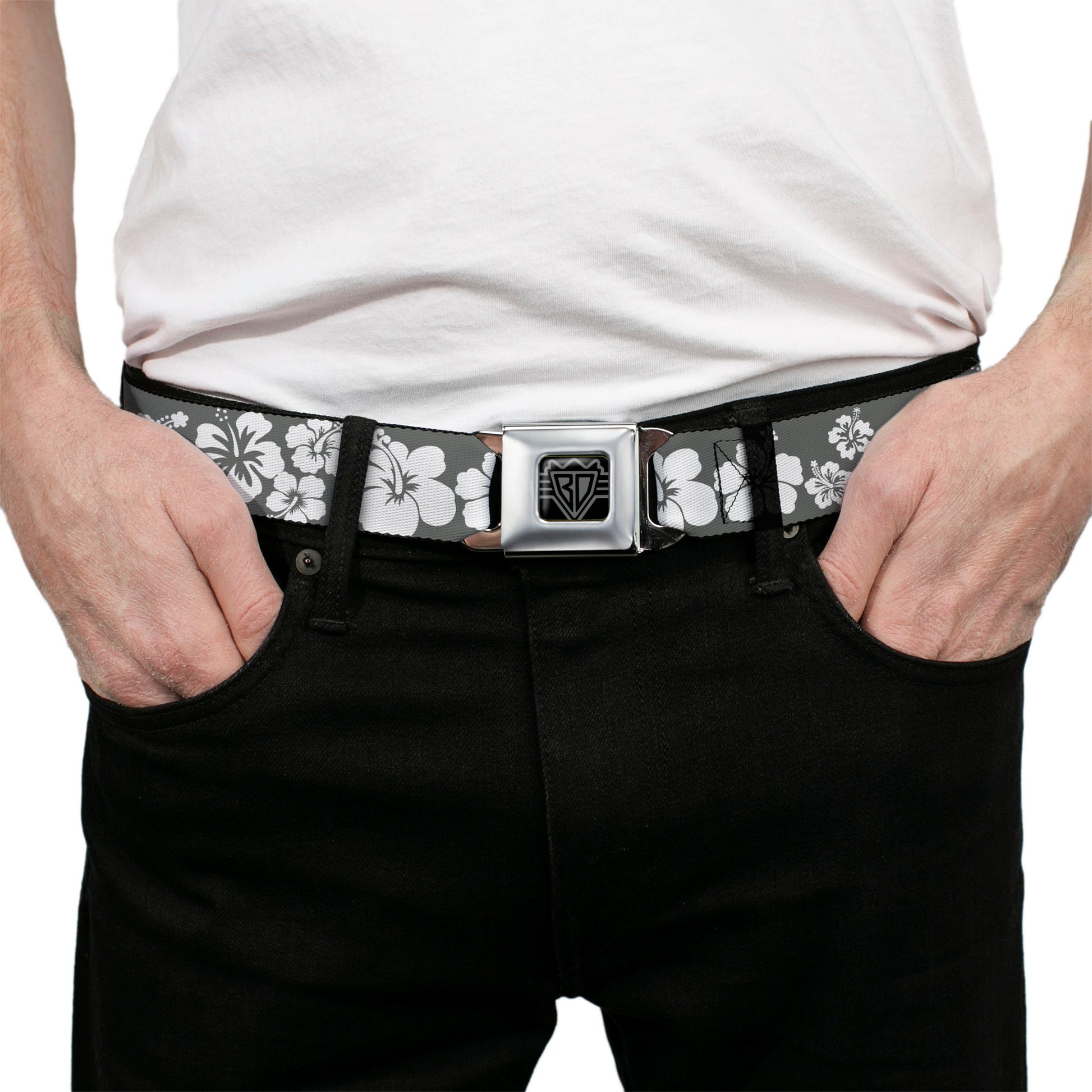 BD Wings Logo CLOSE-UP Full Color Black Silver Seatbelt Belt - Hibiscus Gray/White Webbing Seatbelt Belts Buckle-Down