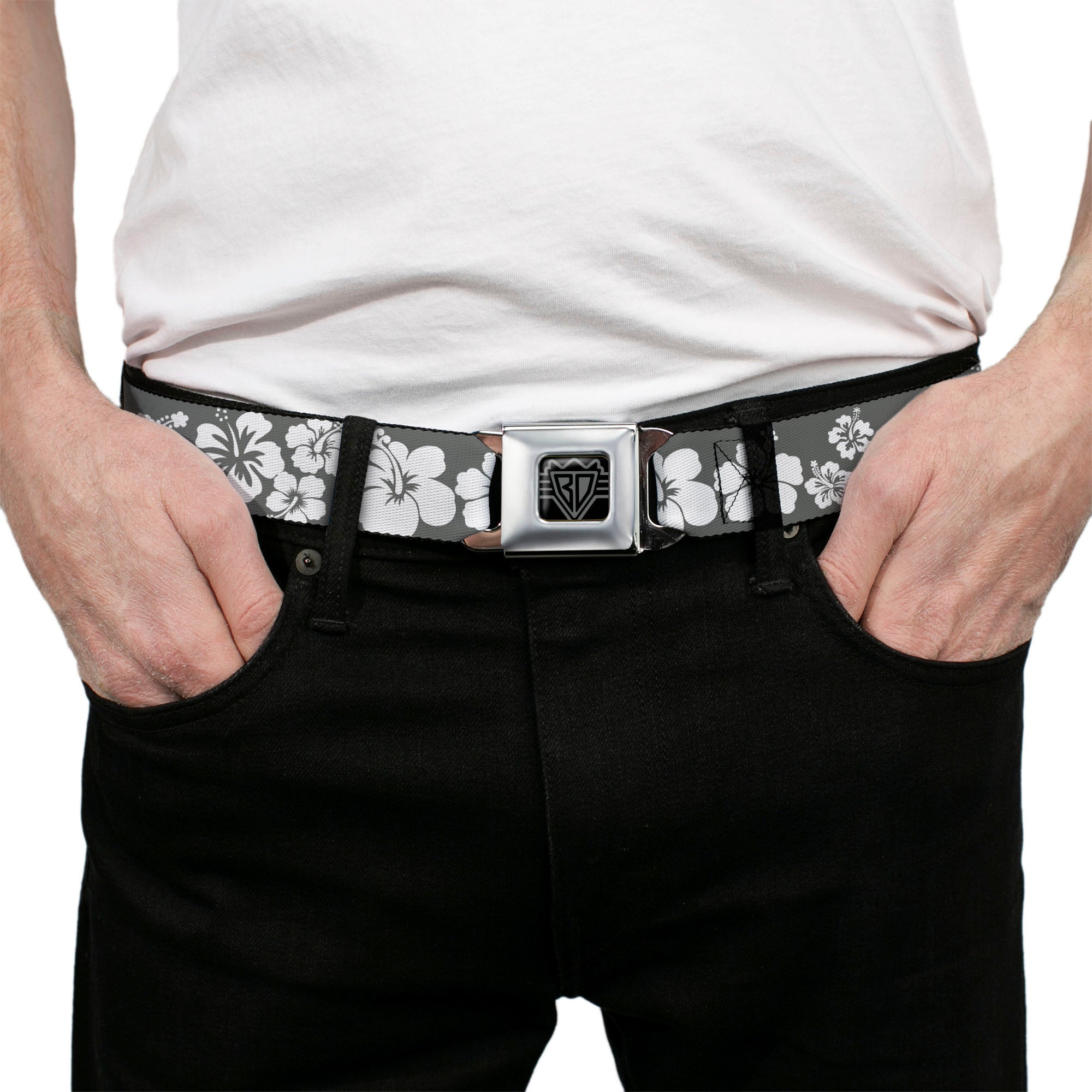 BD Wings Logo CLOSE-UP Full Color Black Silver Seatbelt Belt - Hibiscus Gray/White Webbing Seatbelt Belts Buckle-Down