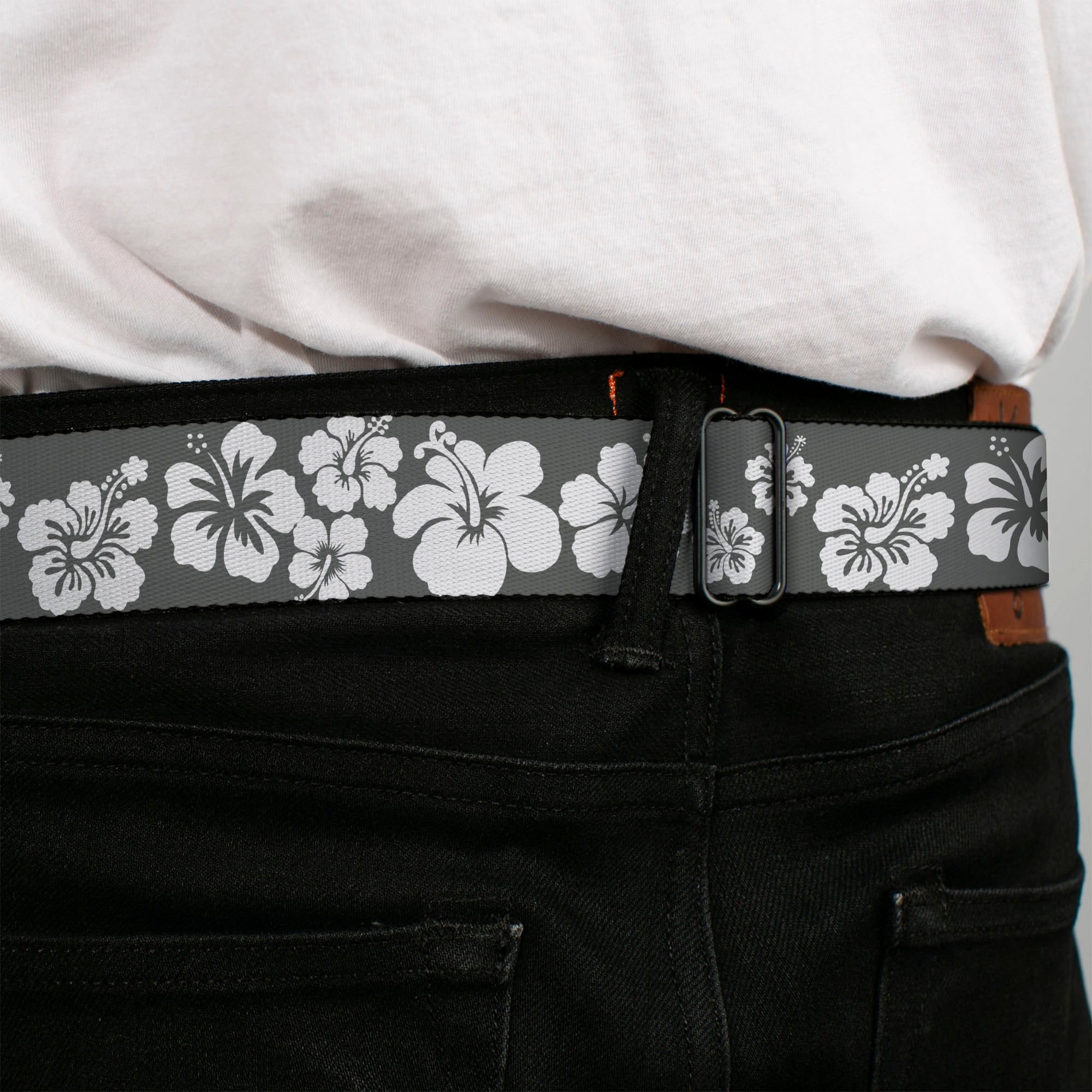 BD Wings Logo CLOSE-UP Full Color Black Silver Seatbelt Belt - Hibiscus Gray/White Webbing Seatbelt Belts Buckle-Down