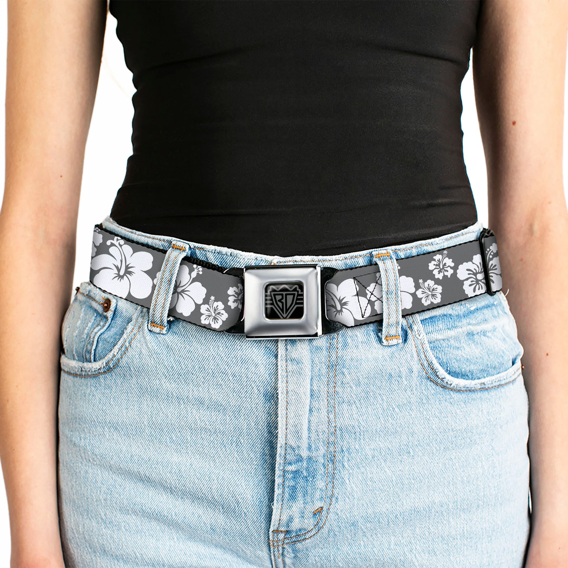BD Wings Logo CLOSE-UP Full Color Black Silver Seatbelt Belt - Hibiscus Gray/White Webbing Seatbelt Belts Buckle-Down