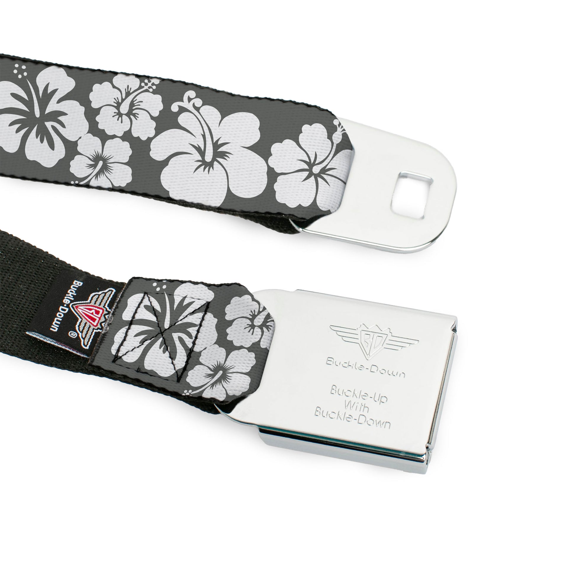BD Wings Logo CLOSE-UP Full Color Black Silver Seatbelt Belt - Hibiscus Gray/White Webbing Seatbelt Belts Buckle-Down
