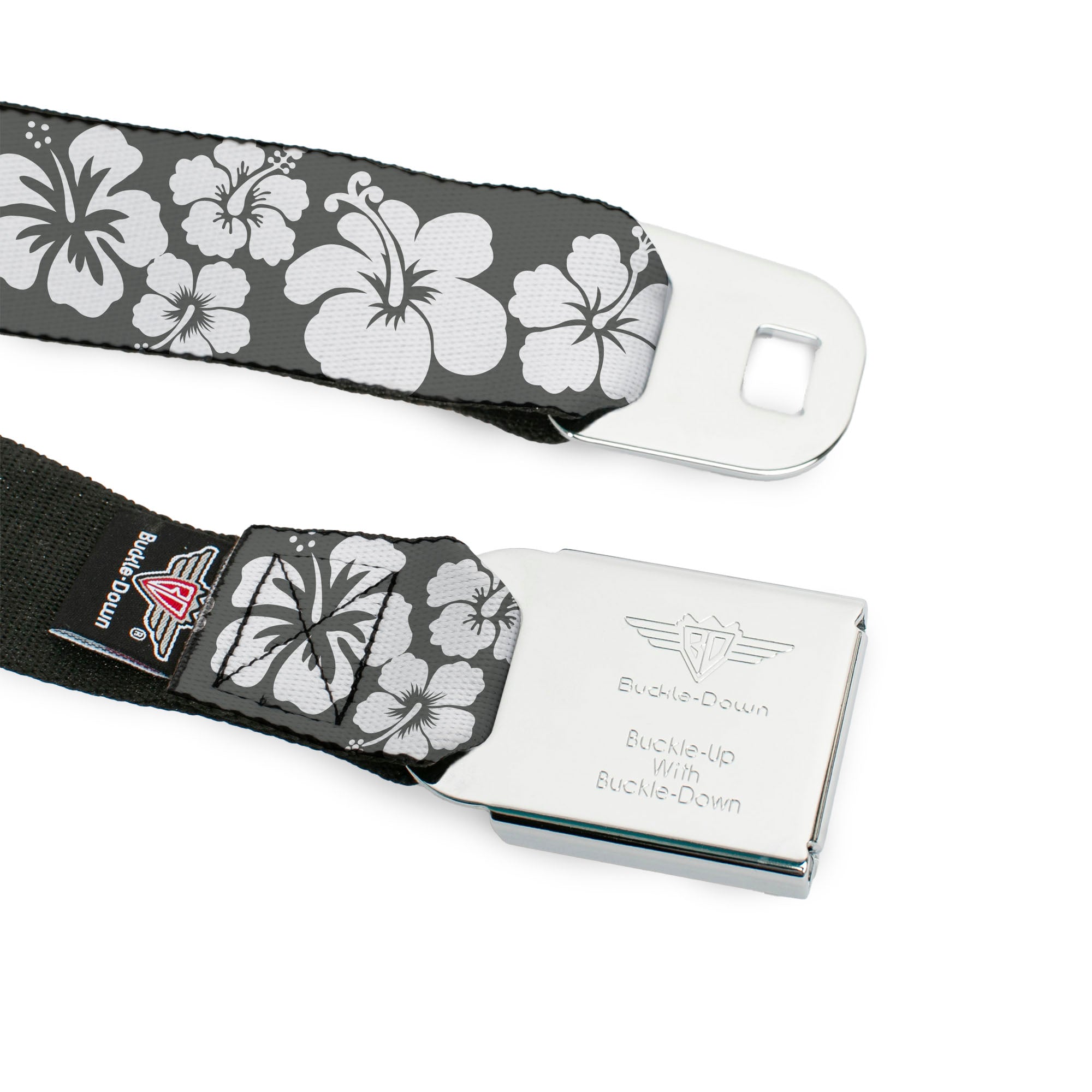 BD Wings Logo CLOSE-UP Full Color Black Silver Seatbelt Belt - Hibiscus Gray/White Webbing Seatbelt Belts Buckle-Down