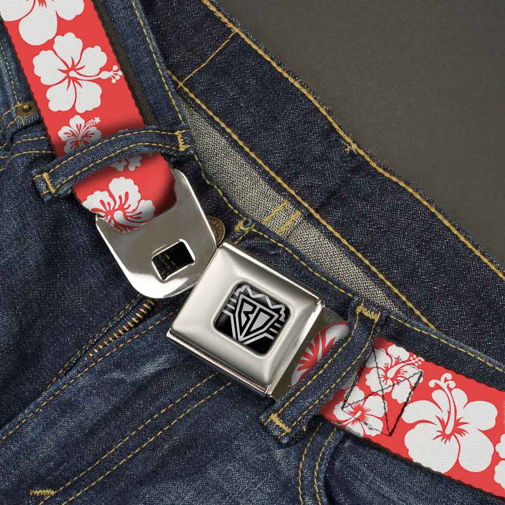 BD Wings Logo CLOSE-UP Full Color Black Silver Seatbelt Belt - Hibiscus Light Red/White Webbing Seatbelt Belts Buckle-Down